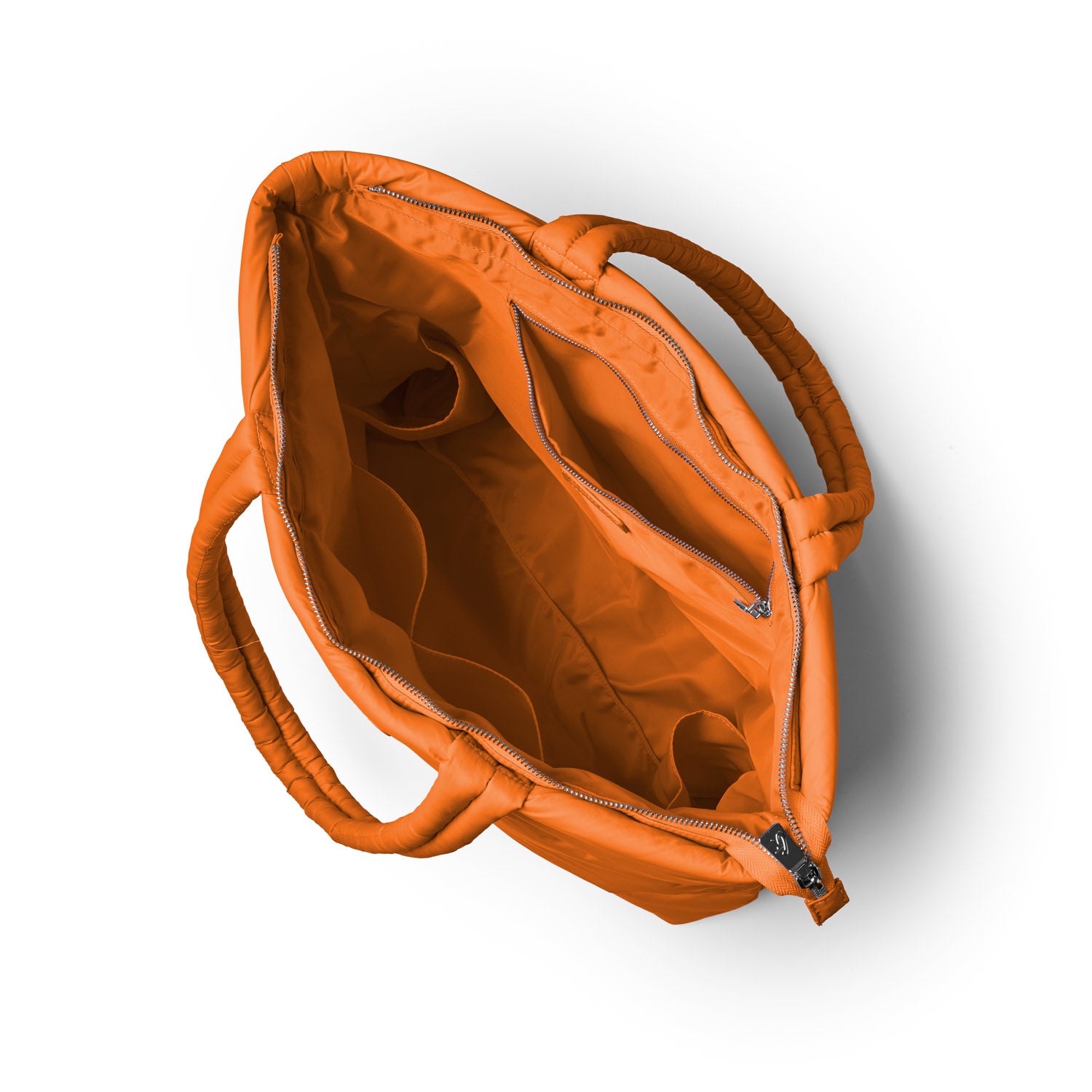 Brown athletic nylon tote bag with a spacious interior featuring multiple pockets and a zip closure.