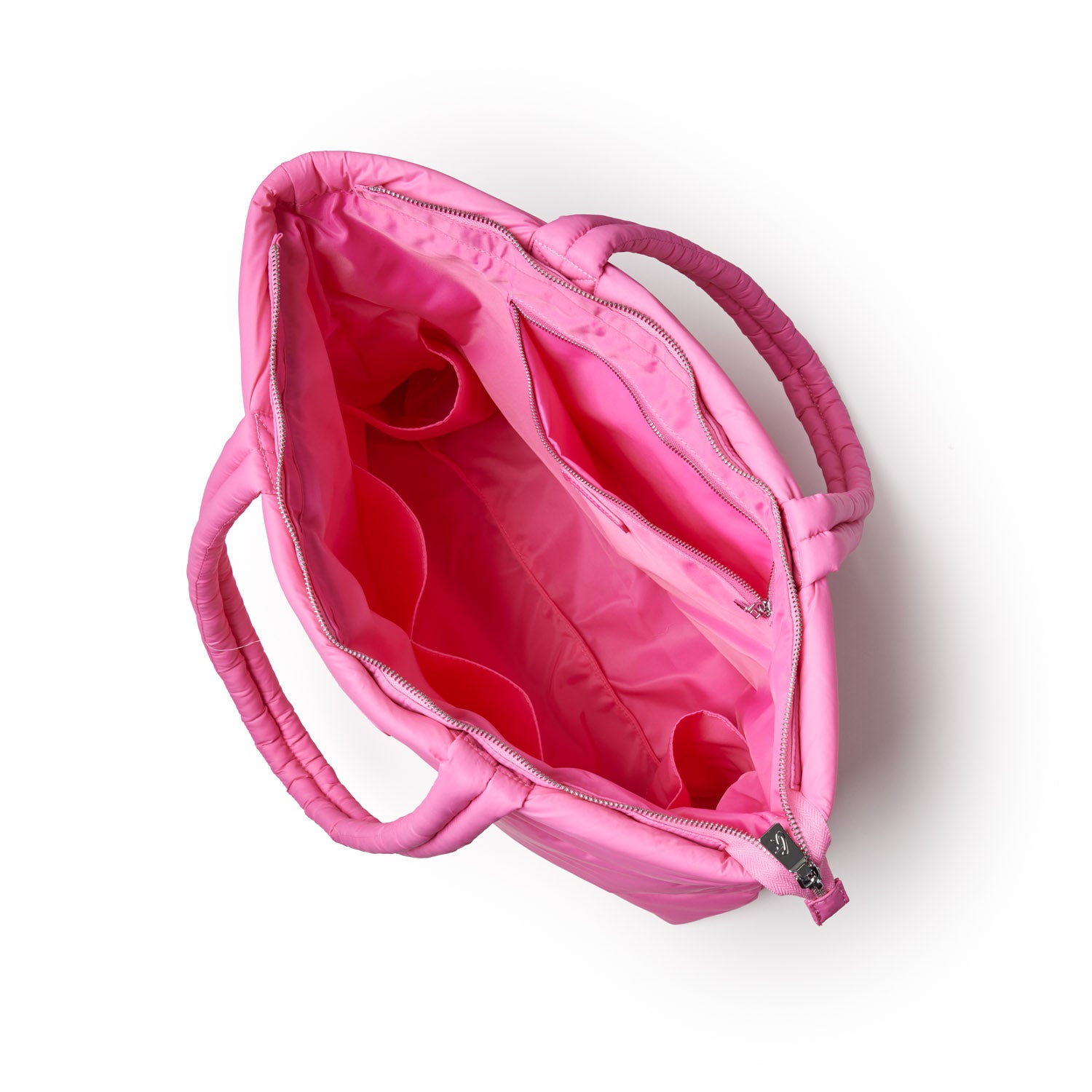 Hot pink athletic nylon tote bag with multiple interior pockets and sturdy handles, ideal for workouts or daily use.