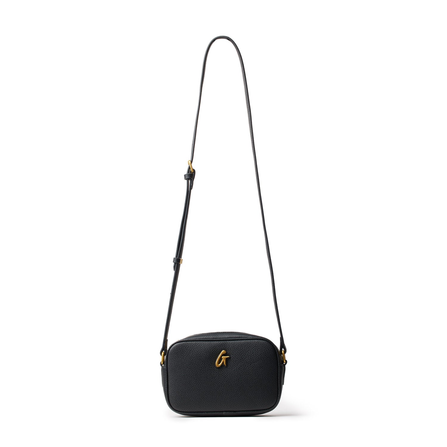 Black mini pebble camera bag with a gold logo and adjustable strap, designed for stylish camera storage.