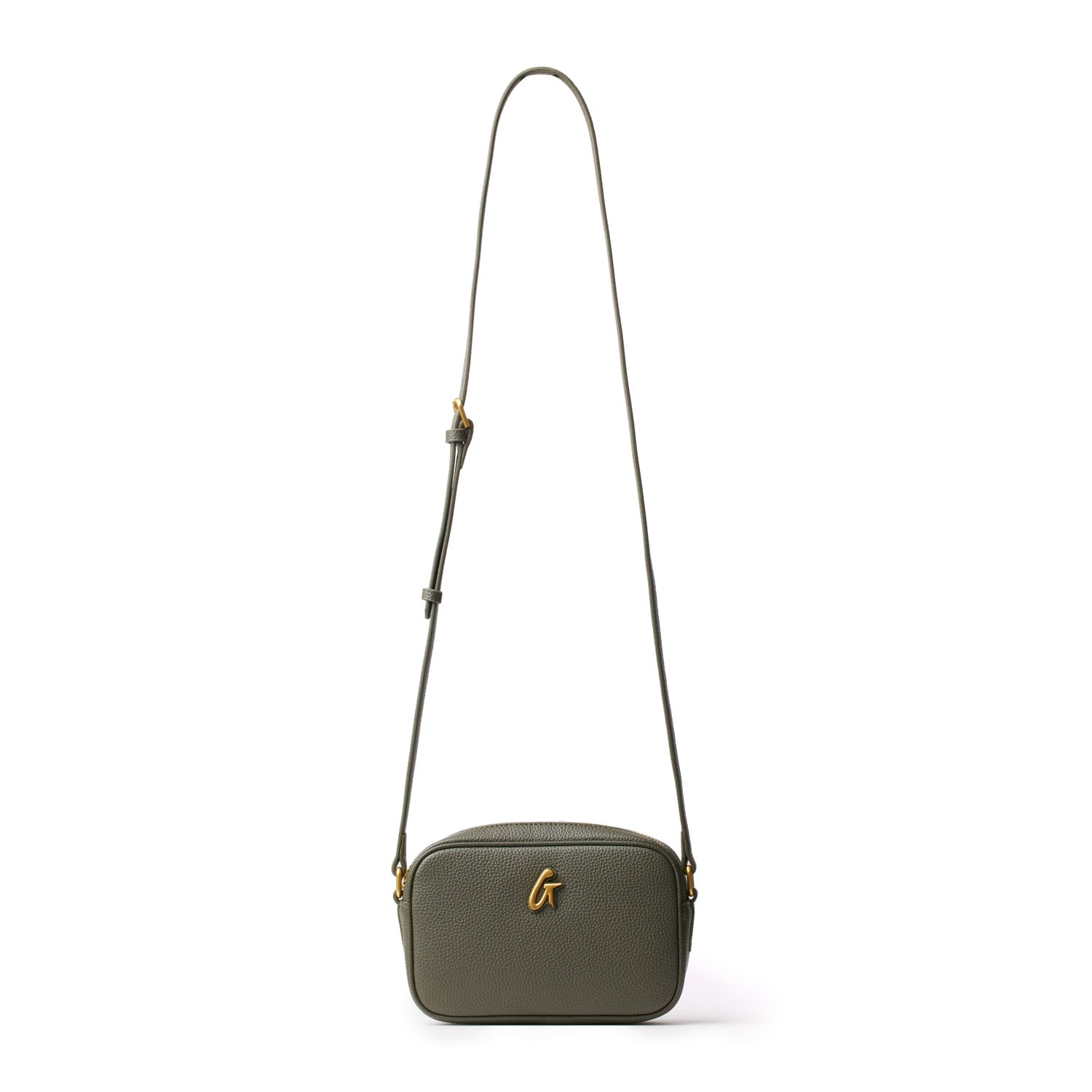 Olive green mini pebble camera bag with a gold "G" logo and adjustable strap, designed for stylish everyday use.