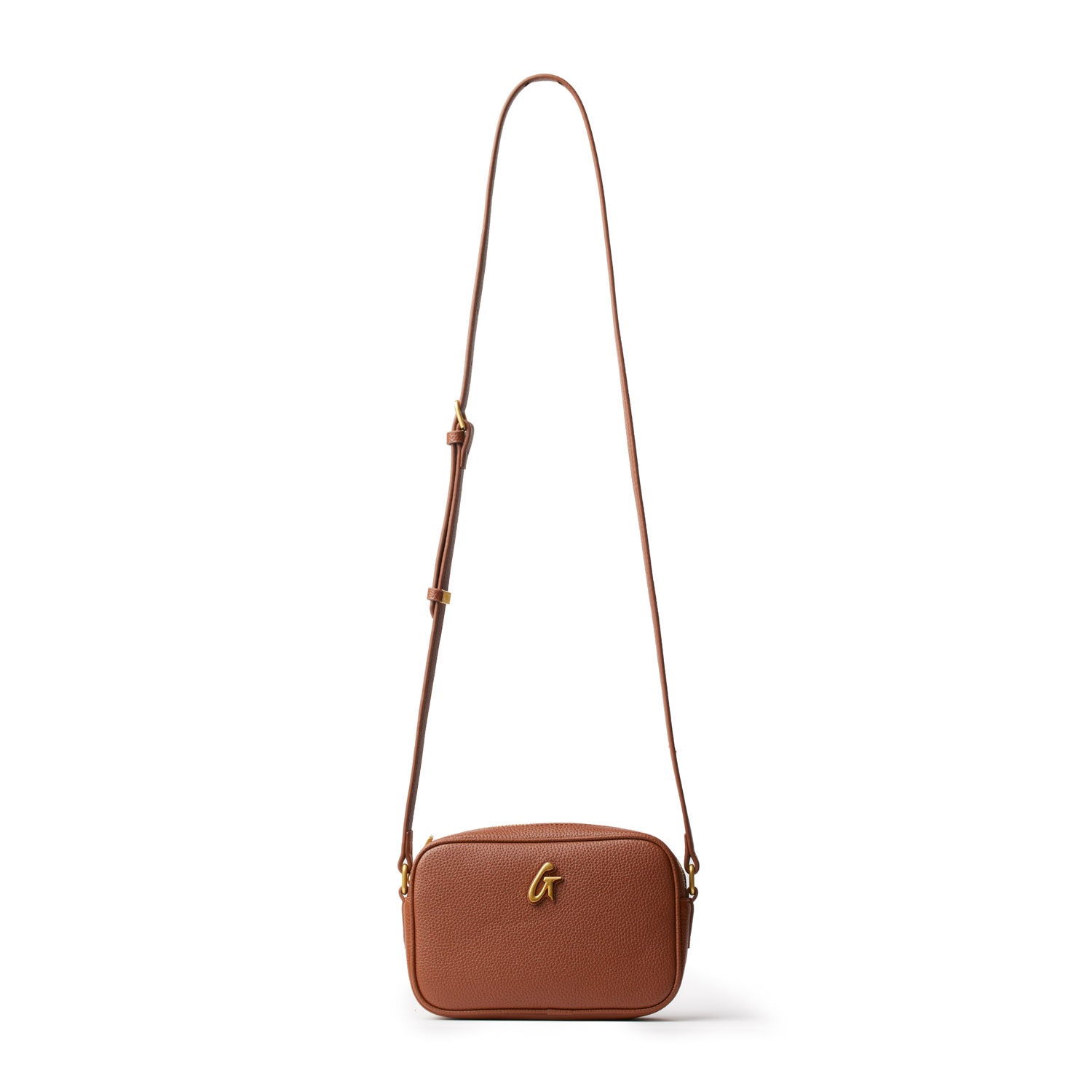Brown mini pebble camera bag with a gold "G" logo, adjustable strap, and compact rectangular design.