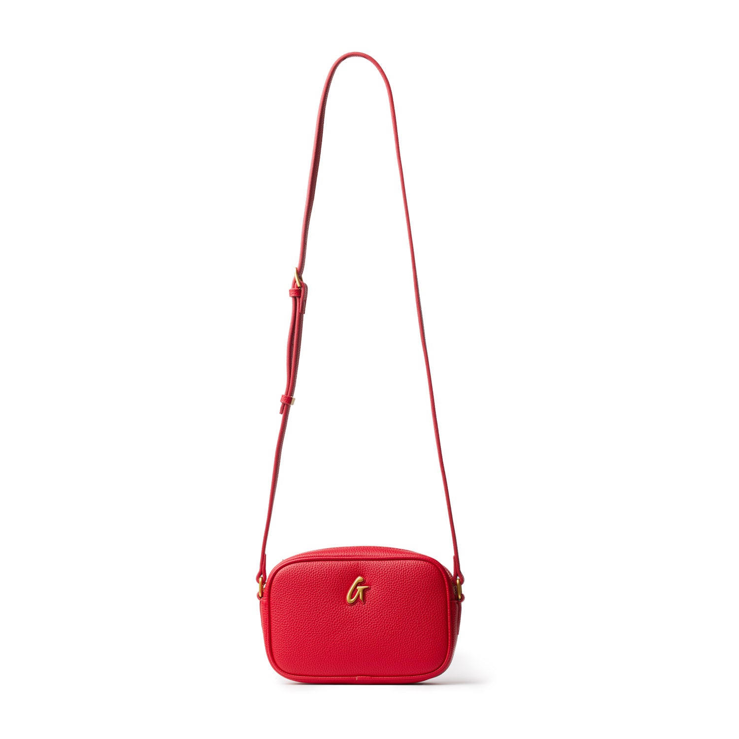 Red mini pebble camera bag with adjustable strap and gold-tone logo, perfect for stylish everyday use.