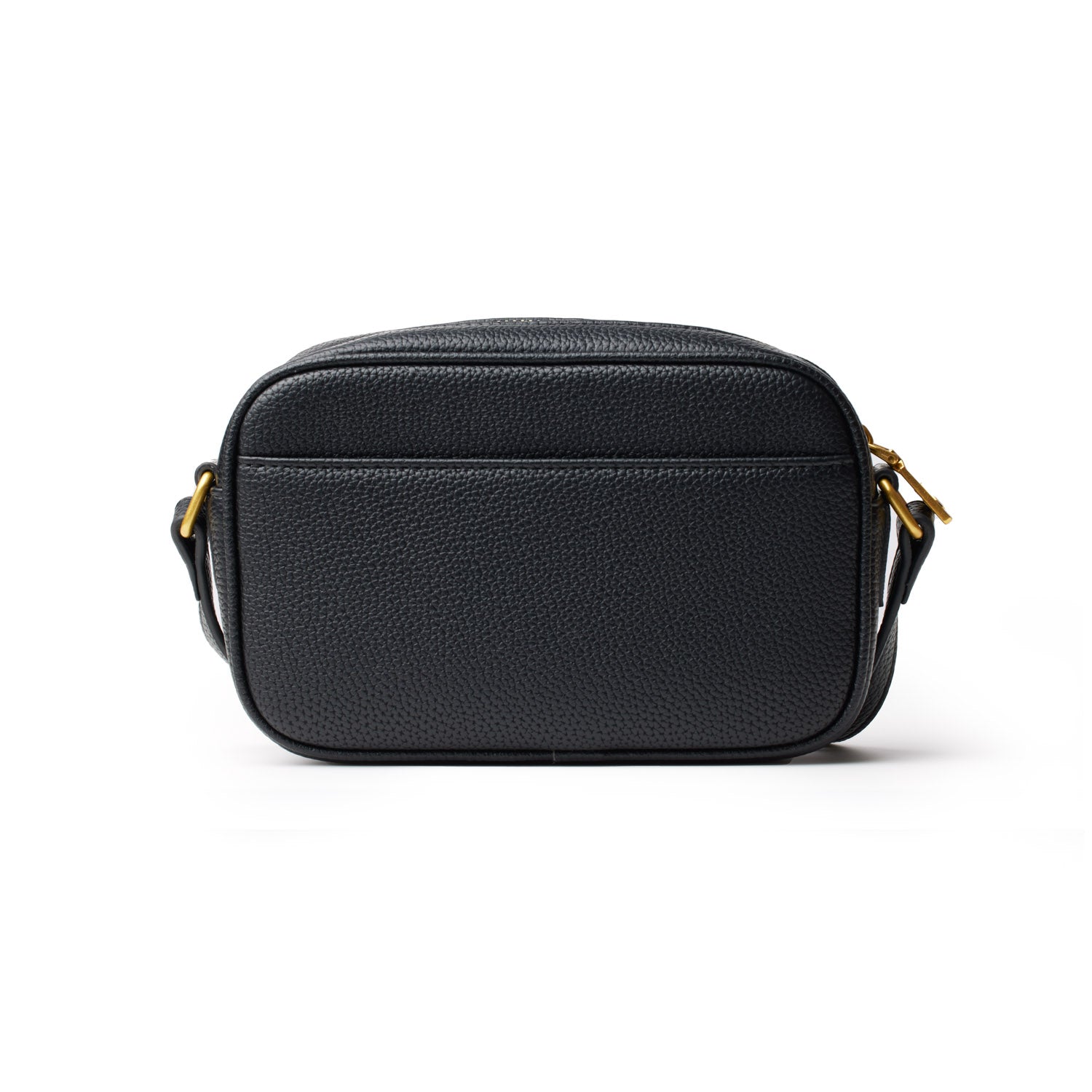 Black mini pebble camera bag with a textured surface, gold-tone hardware, and adjustable strap.
