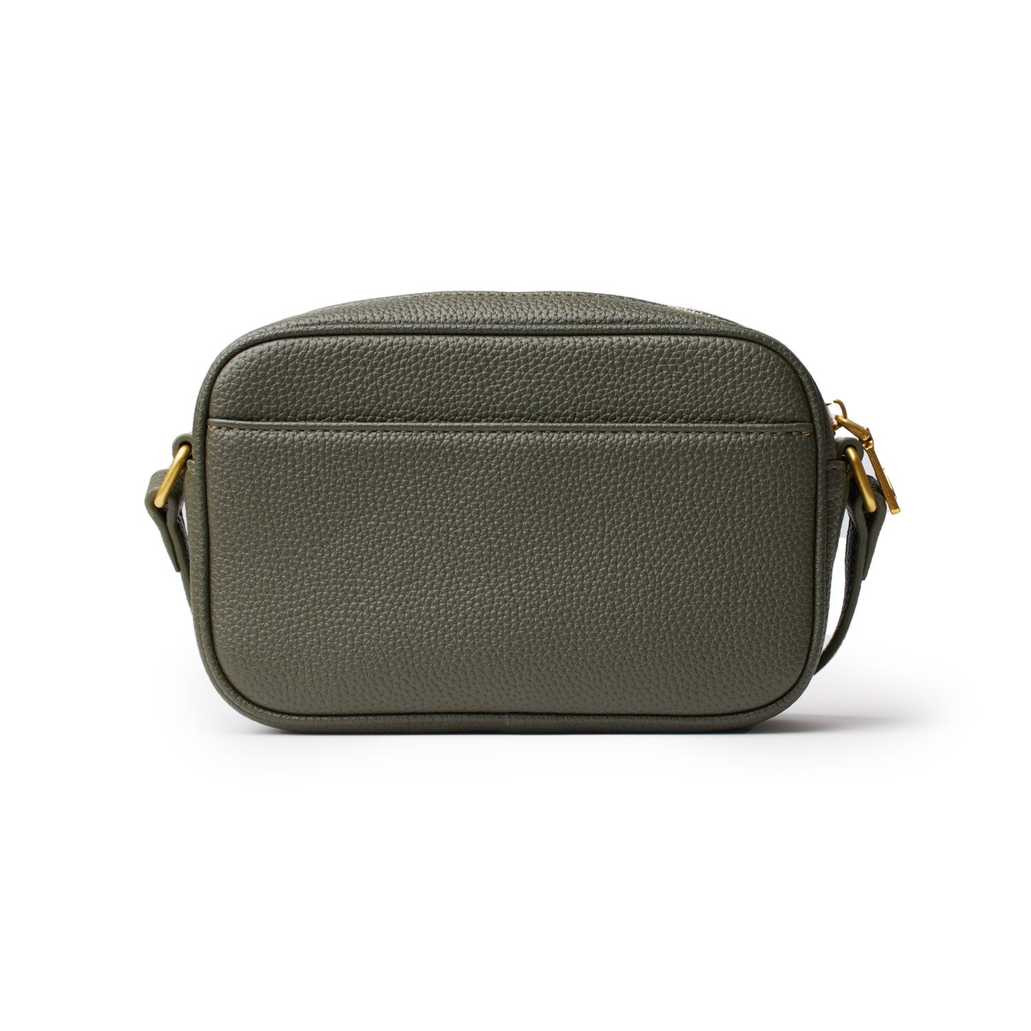 Mini pebble camera bag in olive green with a textured leather finish, gold-tone hardware, and adjustable strap.