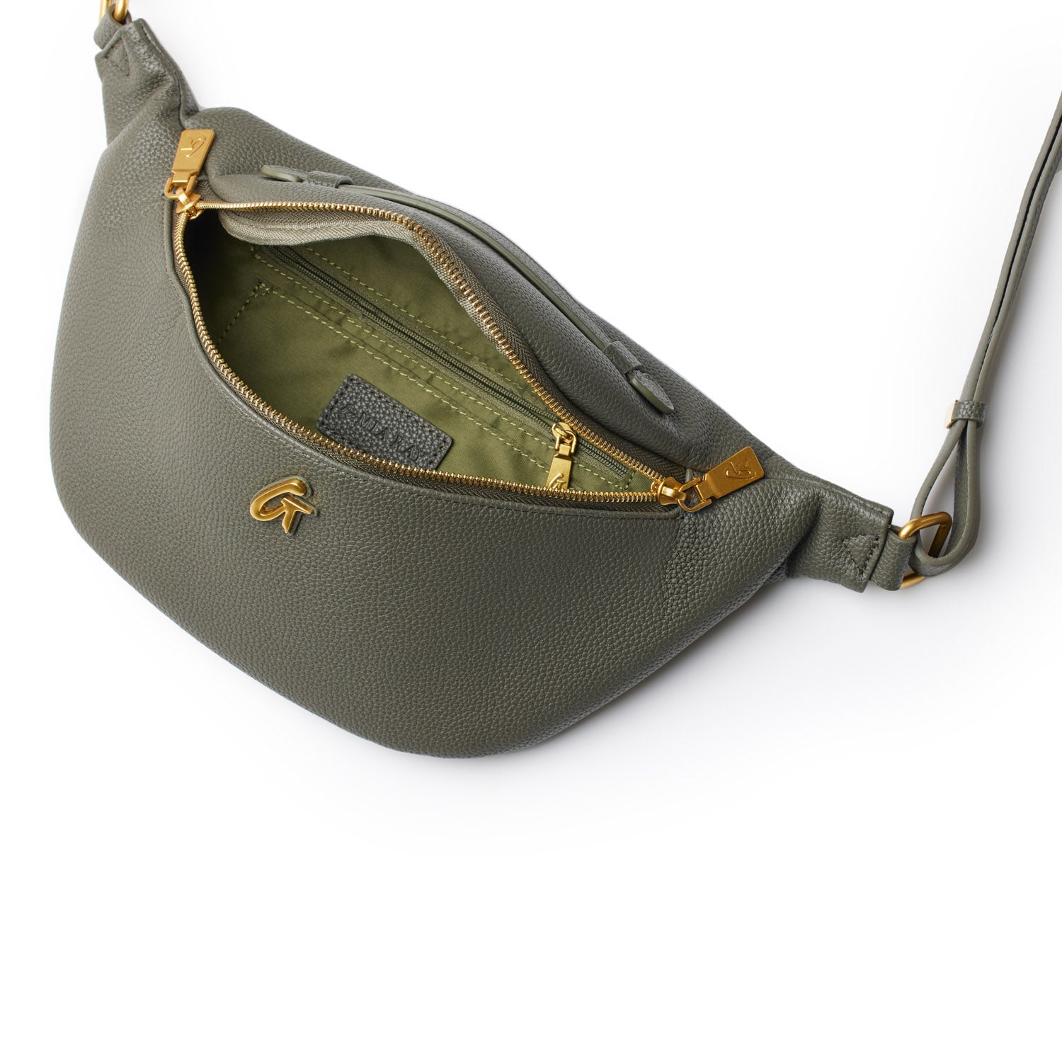 Olive green Pebble Fanny Pack with gold zipper and logo, featuring a textured exterior and adjustable strap on white background.
