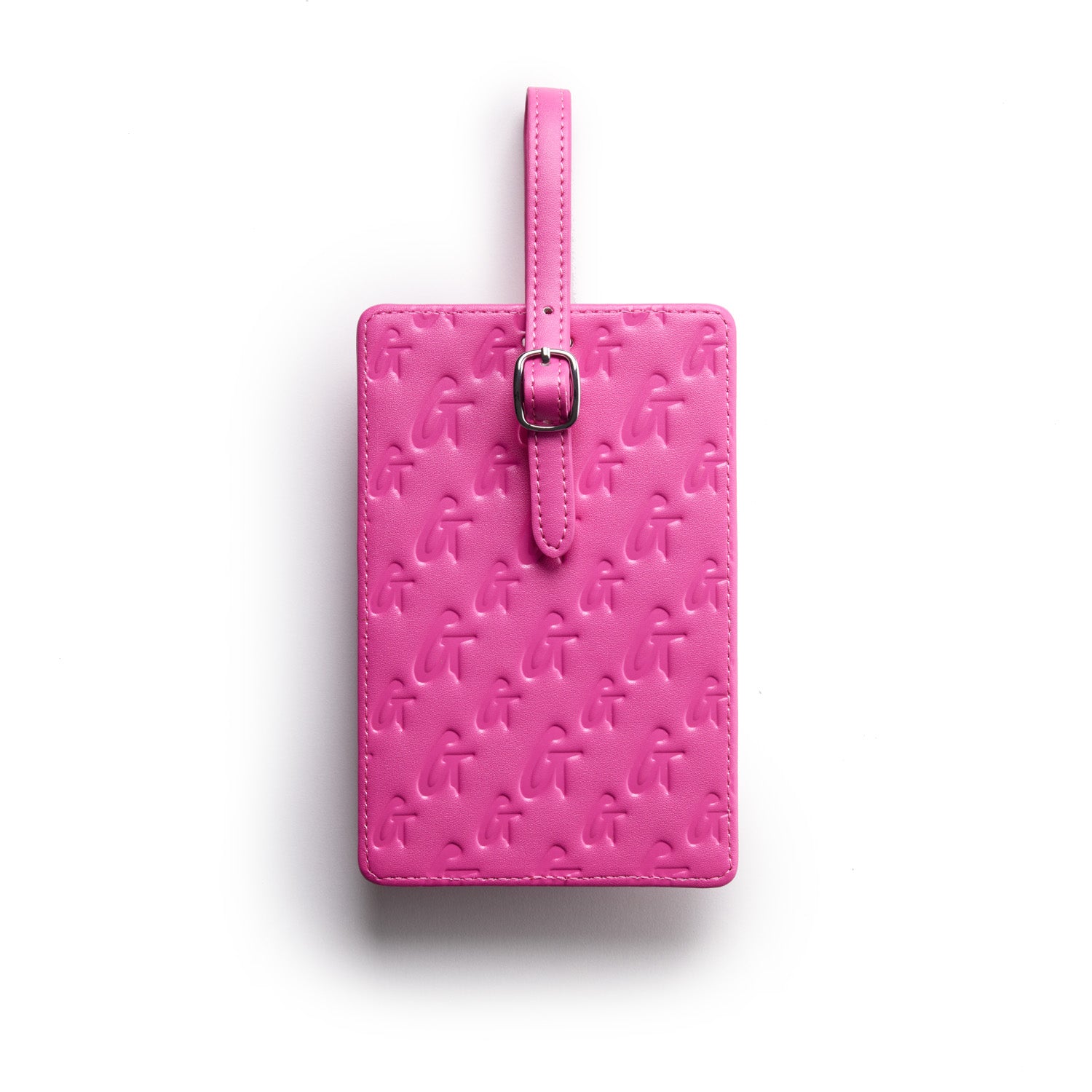 Hot pink monogram luggage tag with embossed logo pattern and adjustable strap for secure travel identification.