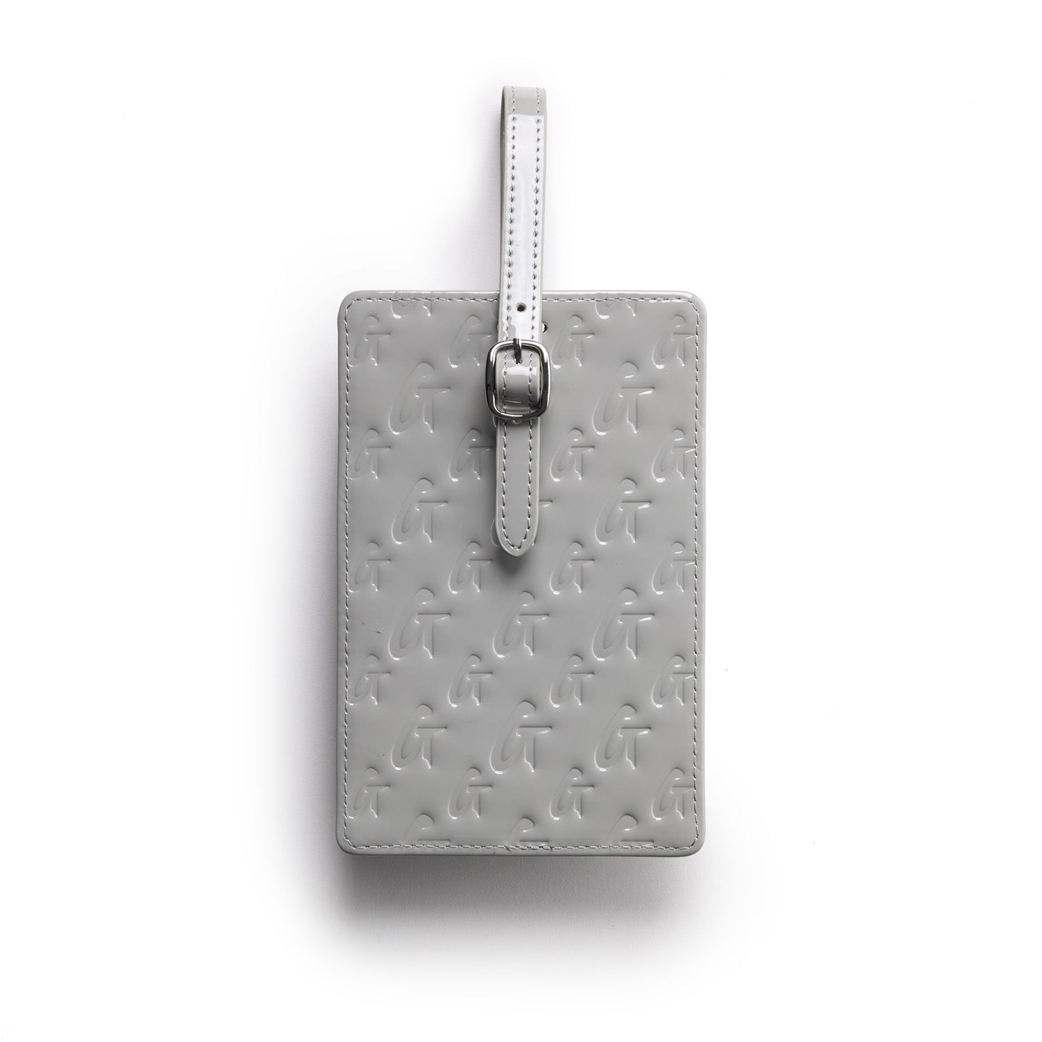 Mirror gray monogram luggage tag with embossed logo pattern and adjustable strap for travel accessories.
