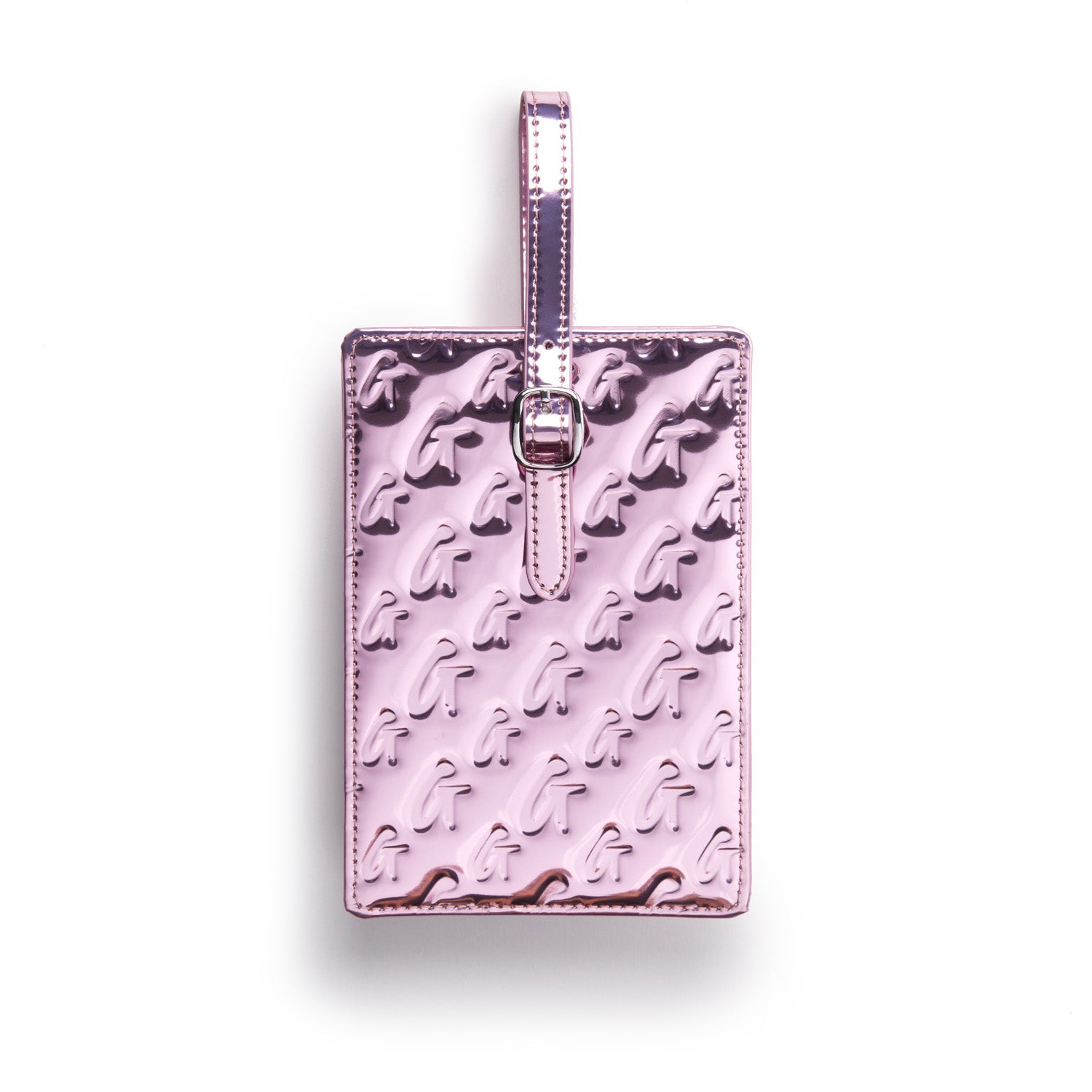 Metallic pink monogram luggage tag with embossed G pattern and adjustable strap for secure attachment.