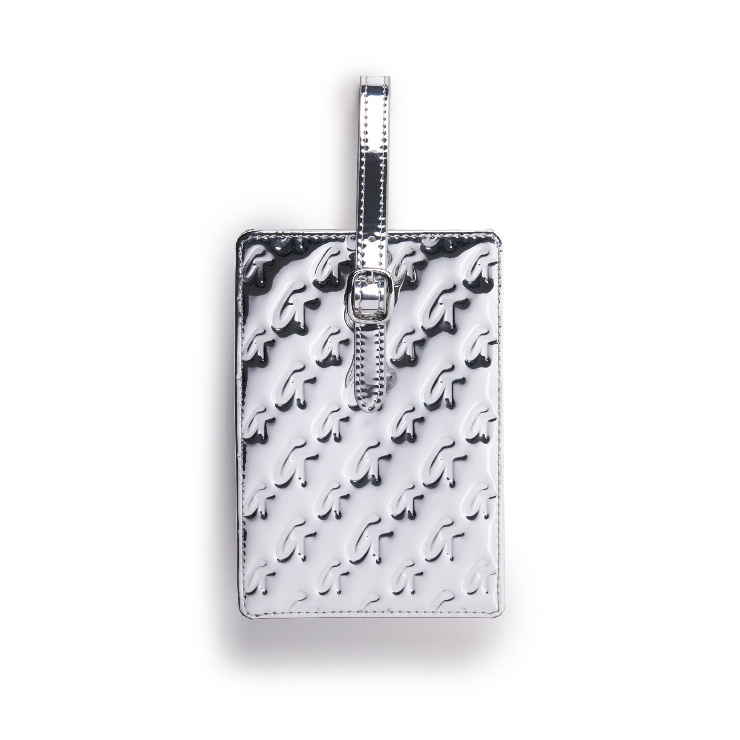 Metallic silver monogram luggage tag with embossed logo pattern and adjustable strap for travel accessories.