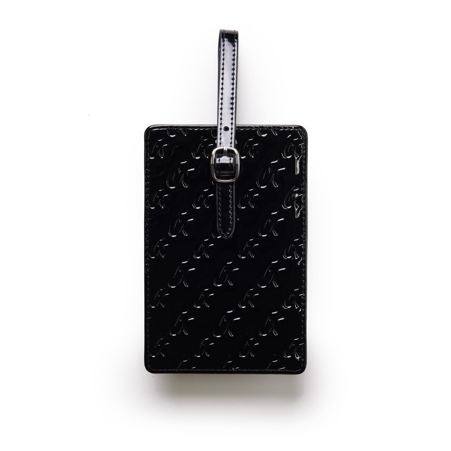 Black mirrored luggage tag with embossed monogram pattern and adjustable strap for travel accessories.