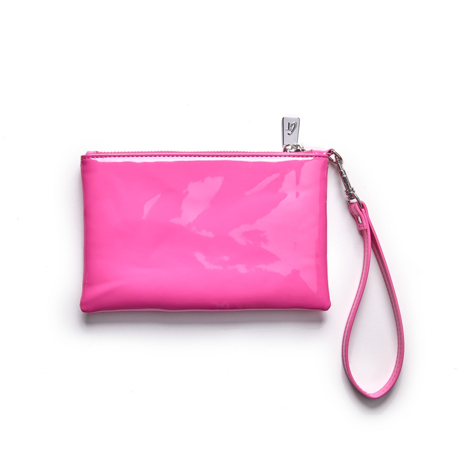 Mini silver wristlet with mirror finish in hot pink, featuring a matching pink strap and silver zipper.
