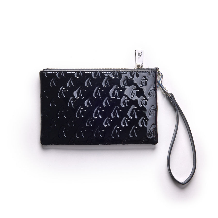 Mini Monogram silver wristlet with a mirror black, glossy finish, embossed pattern, and attached wrist strap for easy carrying.
