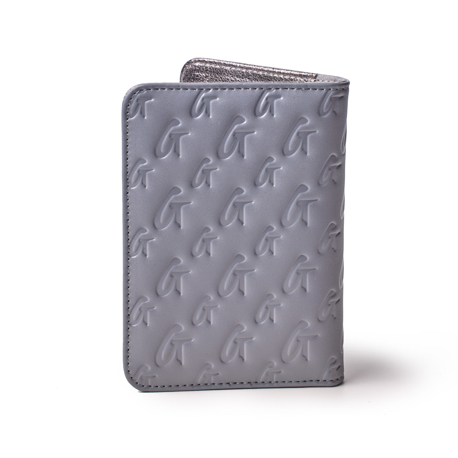 Gray monogram passport holder with embossed "G" pattern, sleek design, and stitched edges.