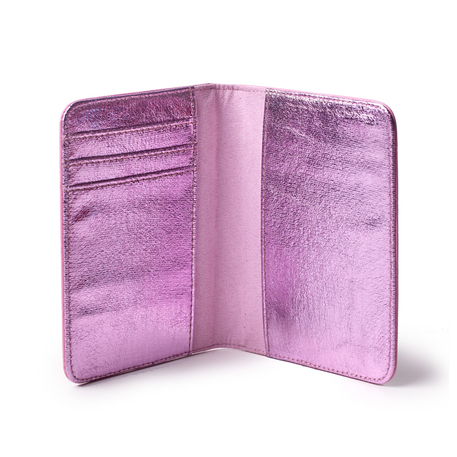 Mirror pink monogram passport holder open, showing multiple card slots and a sleek, shiny metallic finish.