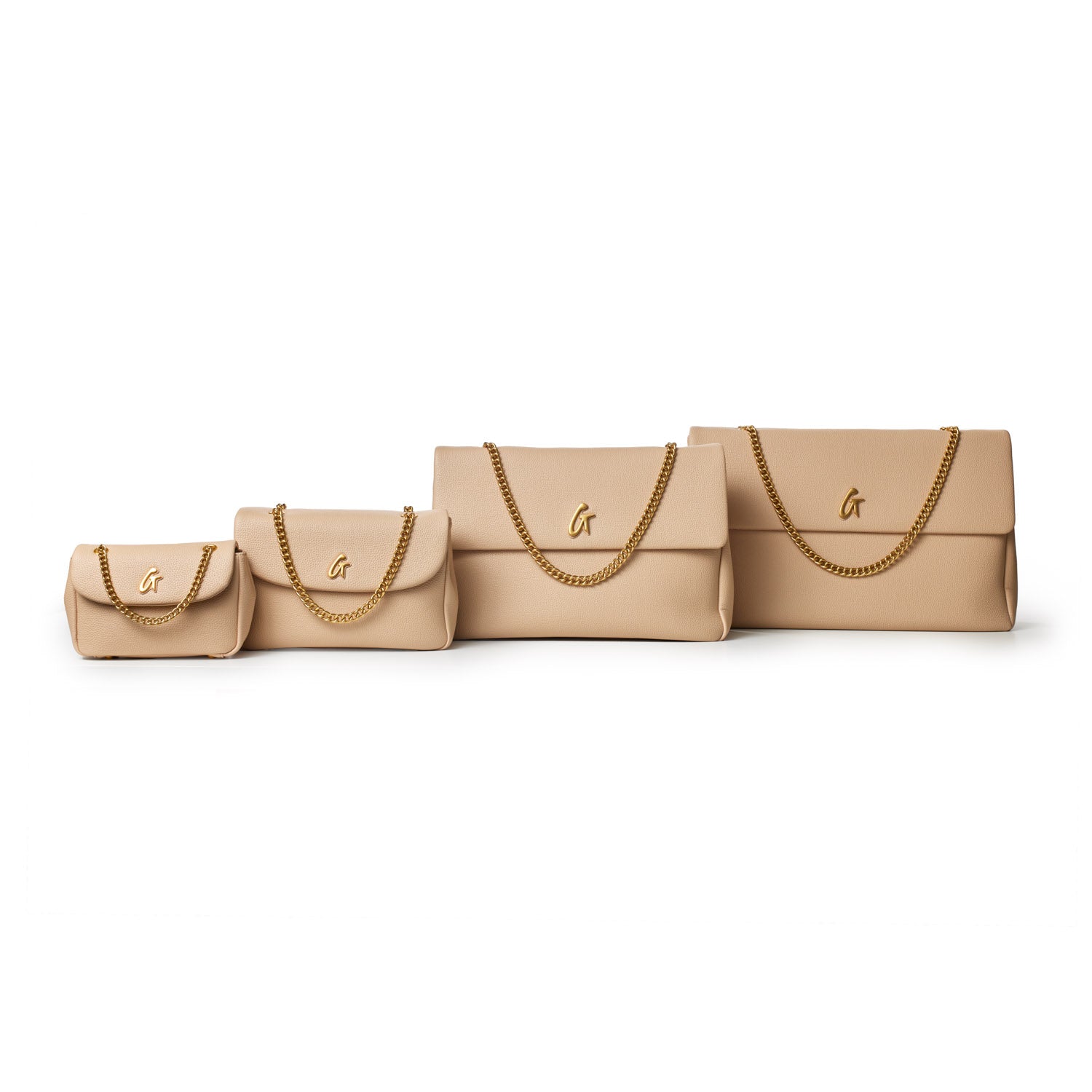 Four beige mini pebble flap bags with gold chain straps and a gold "G" logo, arranged from smallest to largest.