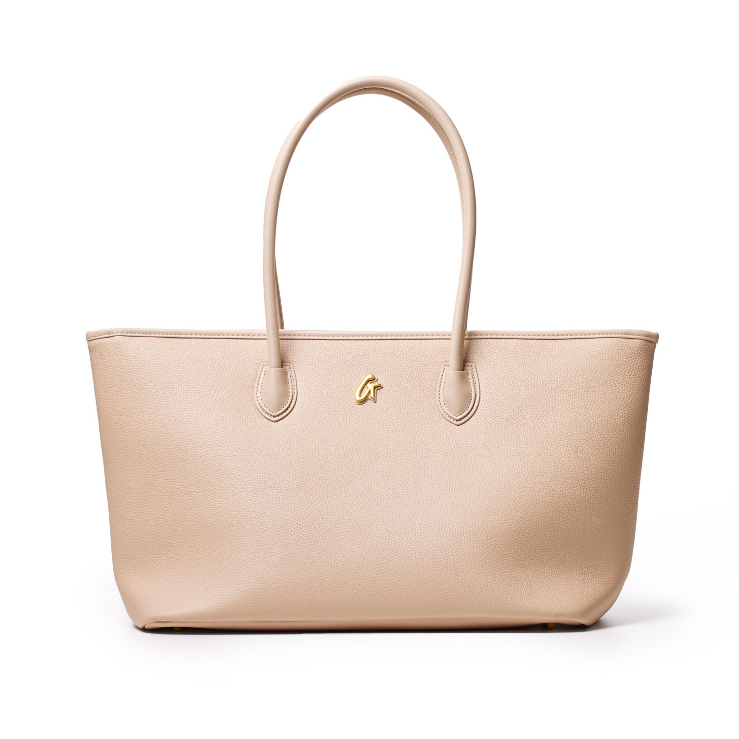 Beige pebble leather tote bag with dual handles and a small gold logo, perfect for everyday use and stylish outings.