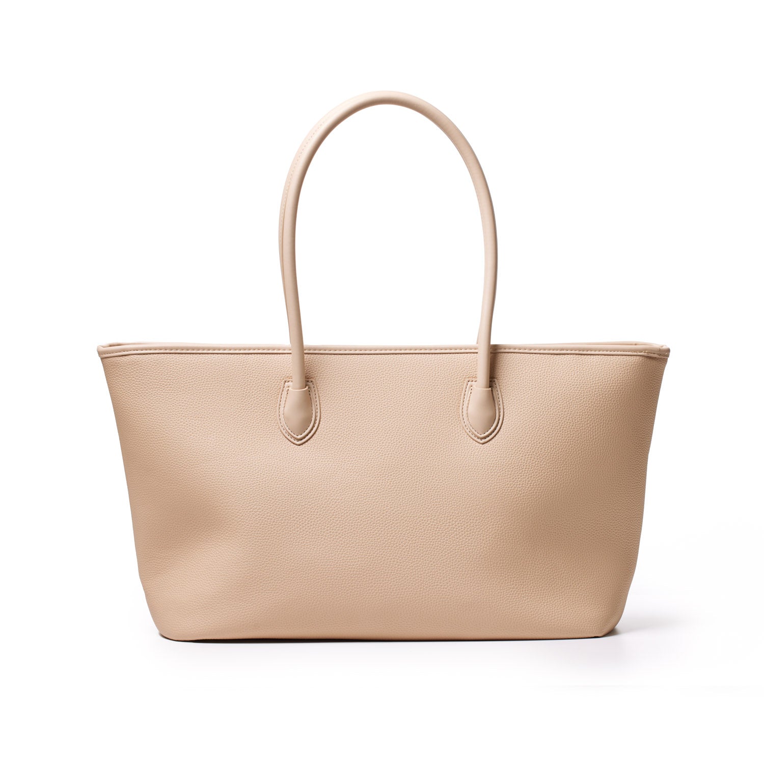 Beige pebble tote bag with dual handles, crafted from textured material, ideal for casual or professional use.