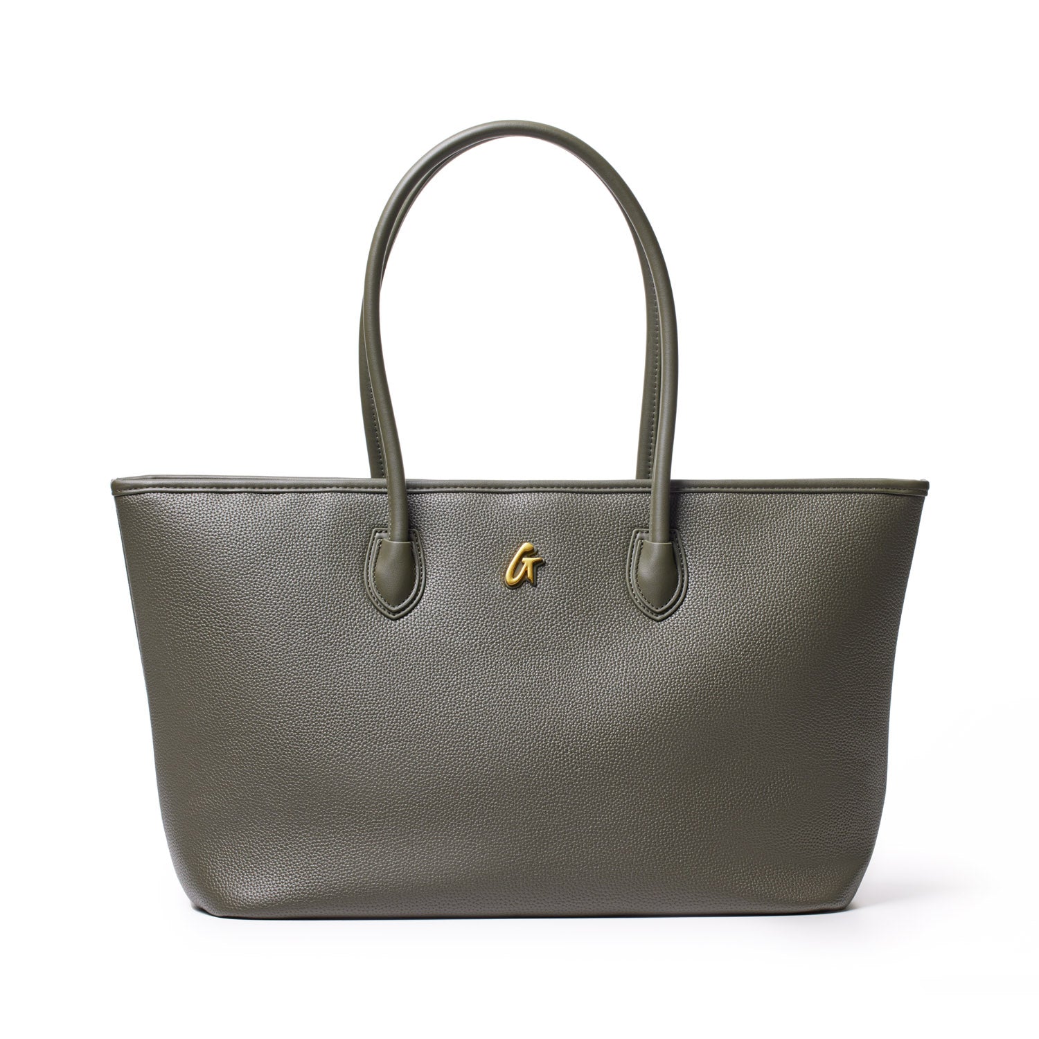 Olive green Pebble Tote Bag with dual handles and a small gold logo on textured faux leather.
