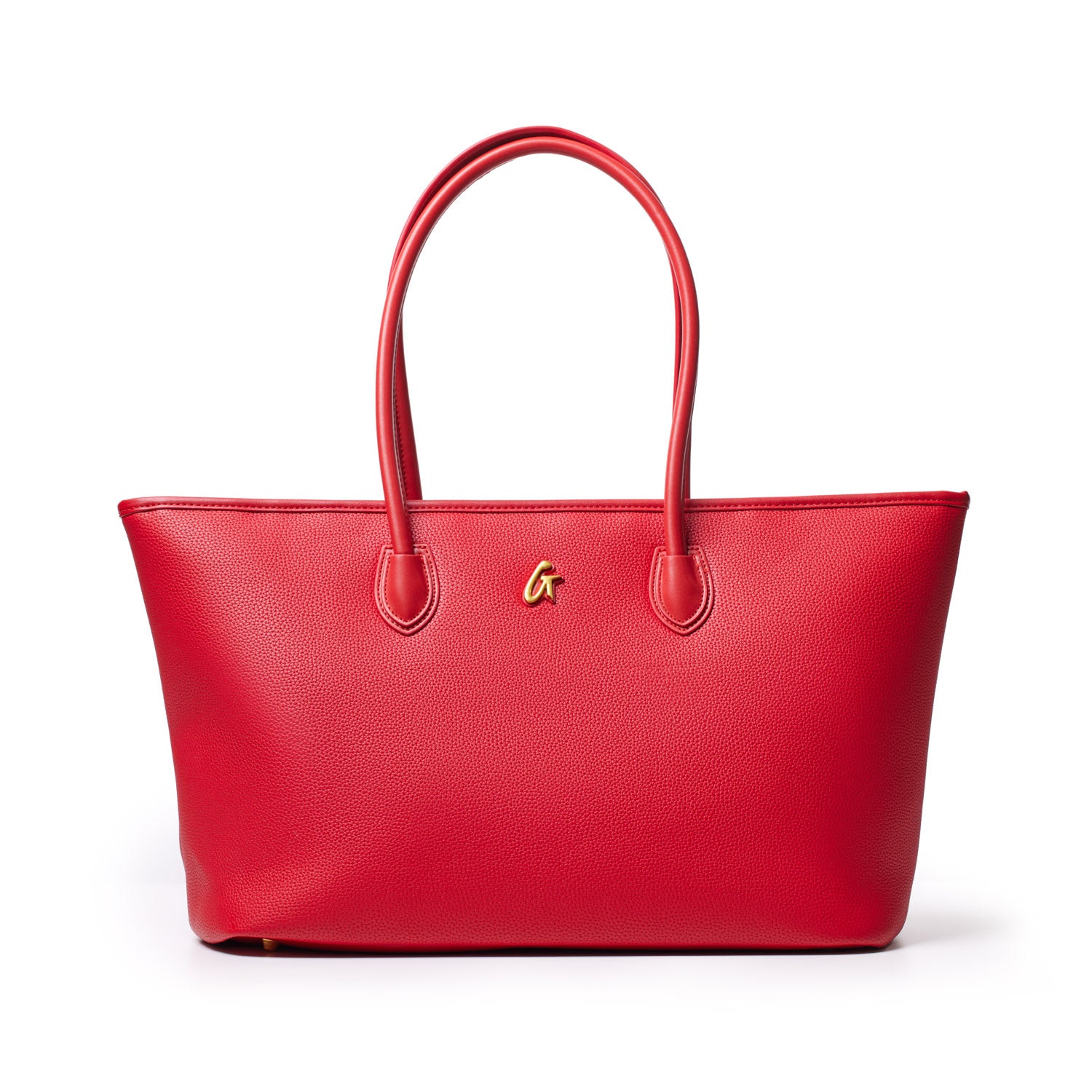 Red pebble tote bag with dual handles and a gold "G" logo, stylish and spacious for everyday use.