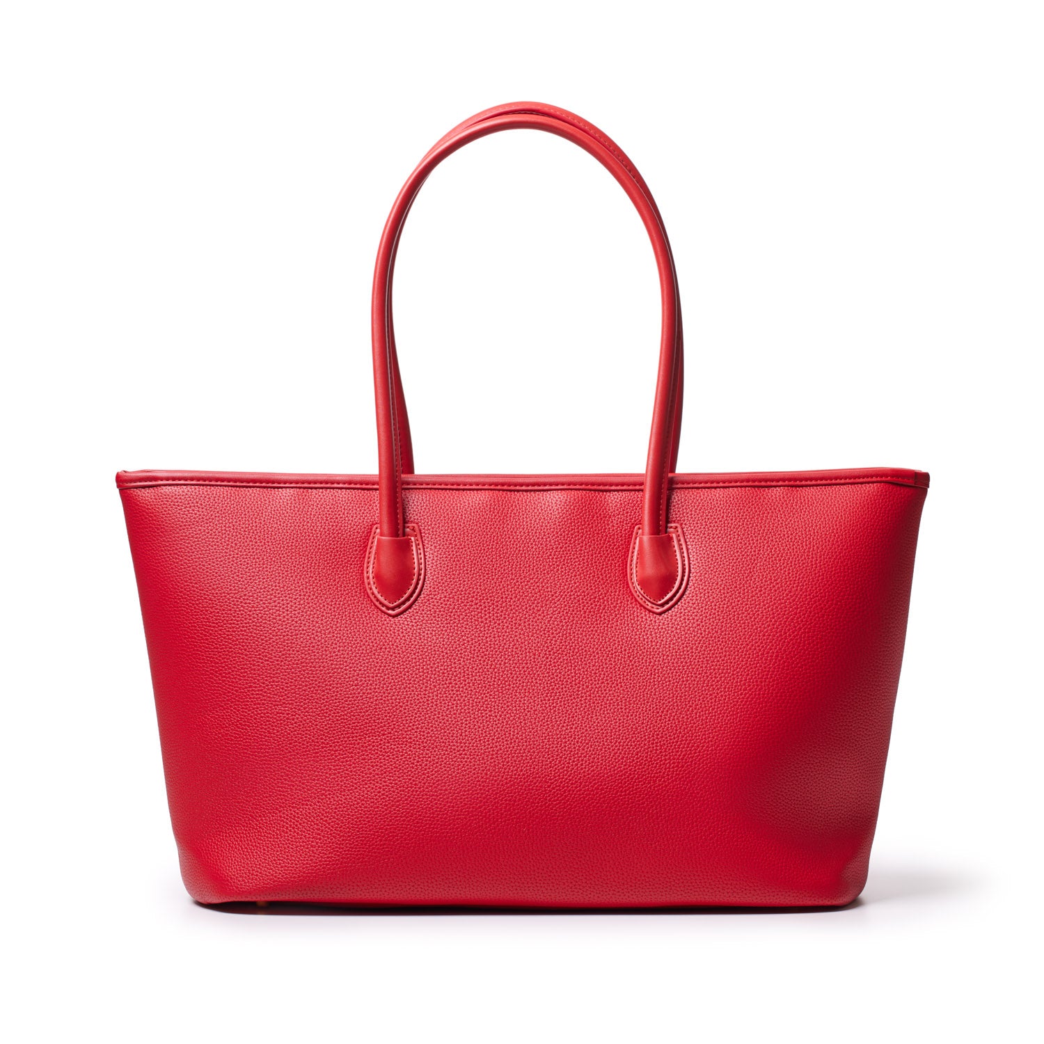Red pebble tote bag with two handles, textured surface, spacious design, and sleek stitching details.