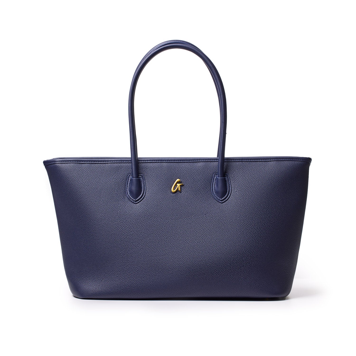 Navy pebble tote bag with dual handles and a small gold logo on textured leather surface.