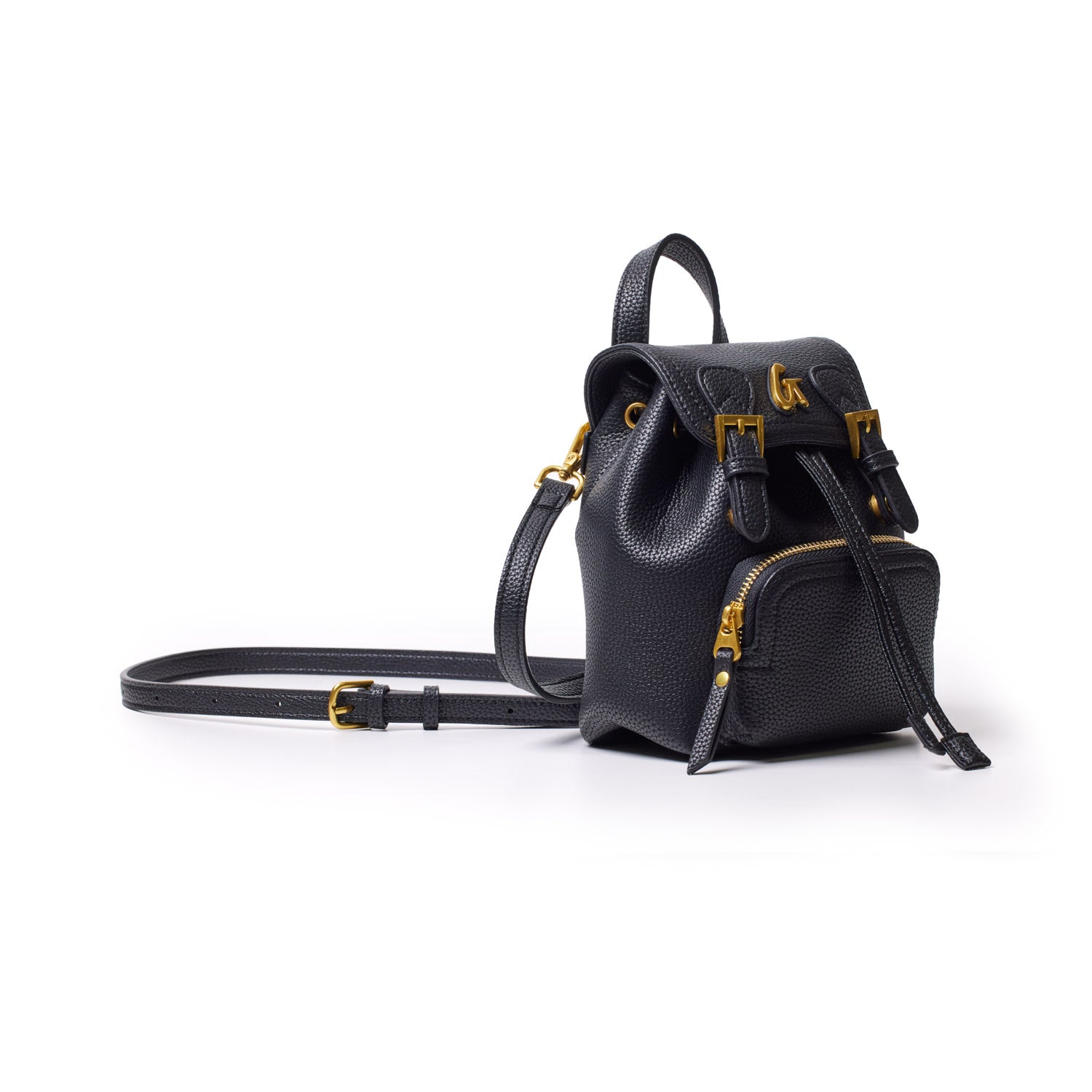 Black mini pebble crossbody backpack with gold hardware, adjustable strap, front zipper pocket, and top handle.