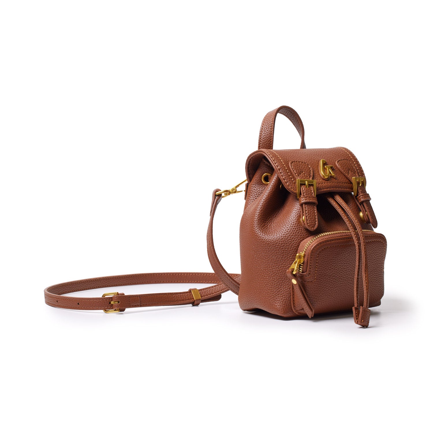 Small brown pebble leather crossbody backpack with gold hardware, front zipper pocket, and adjustable strap.