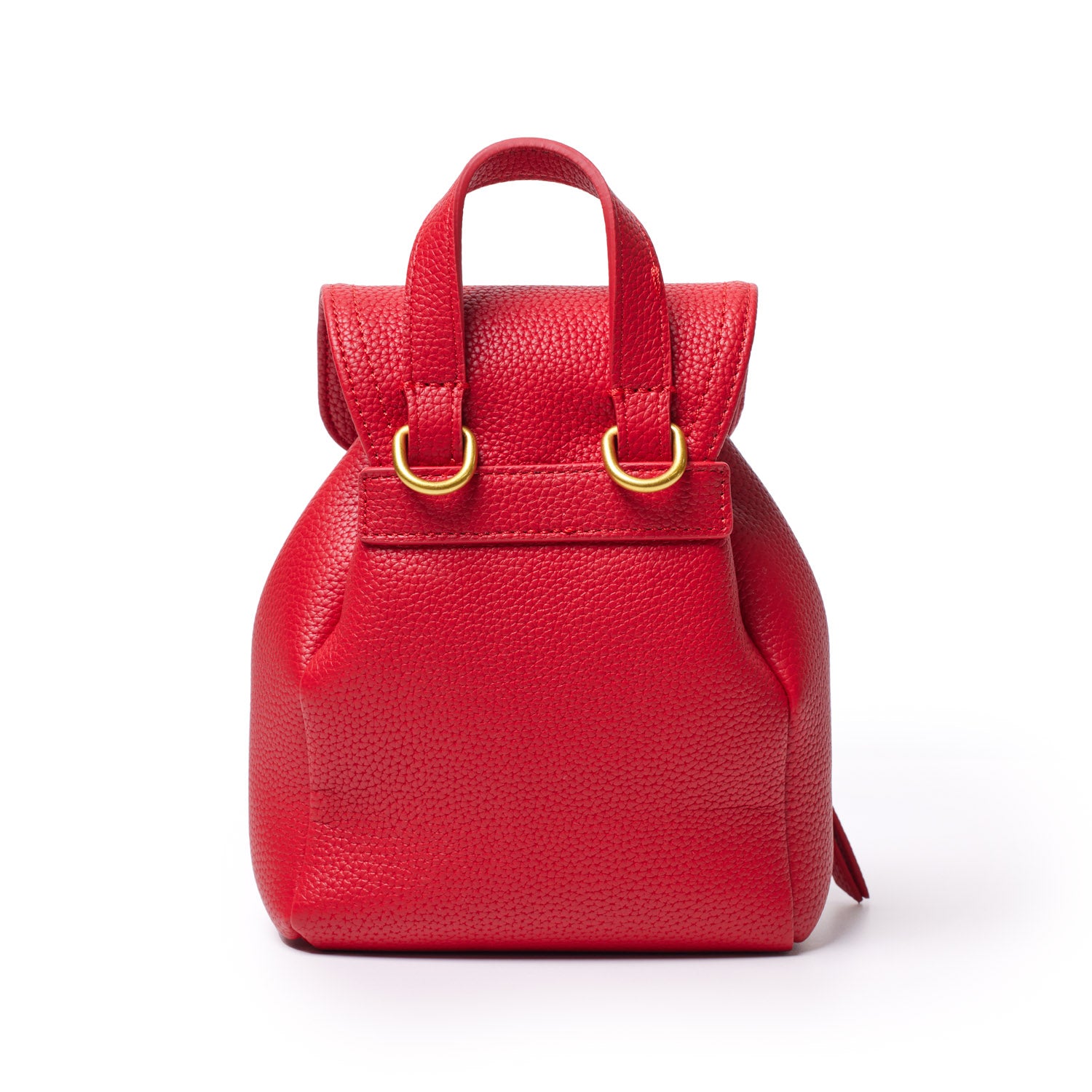 Red mini pebble crossbody backpack with gold hardware, textured leather, and top handle, designed for stylish everyday use.