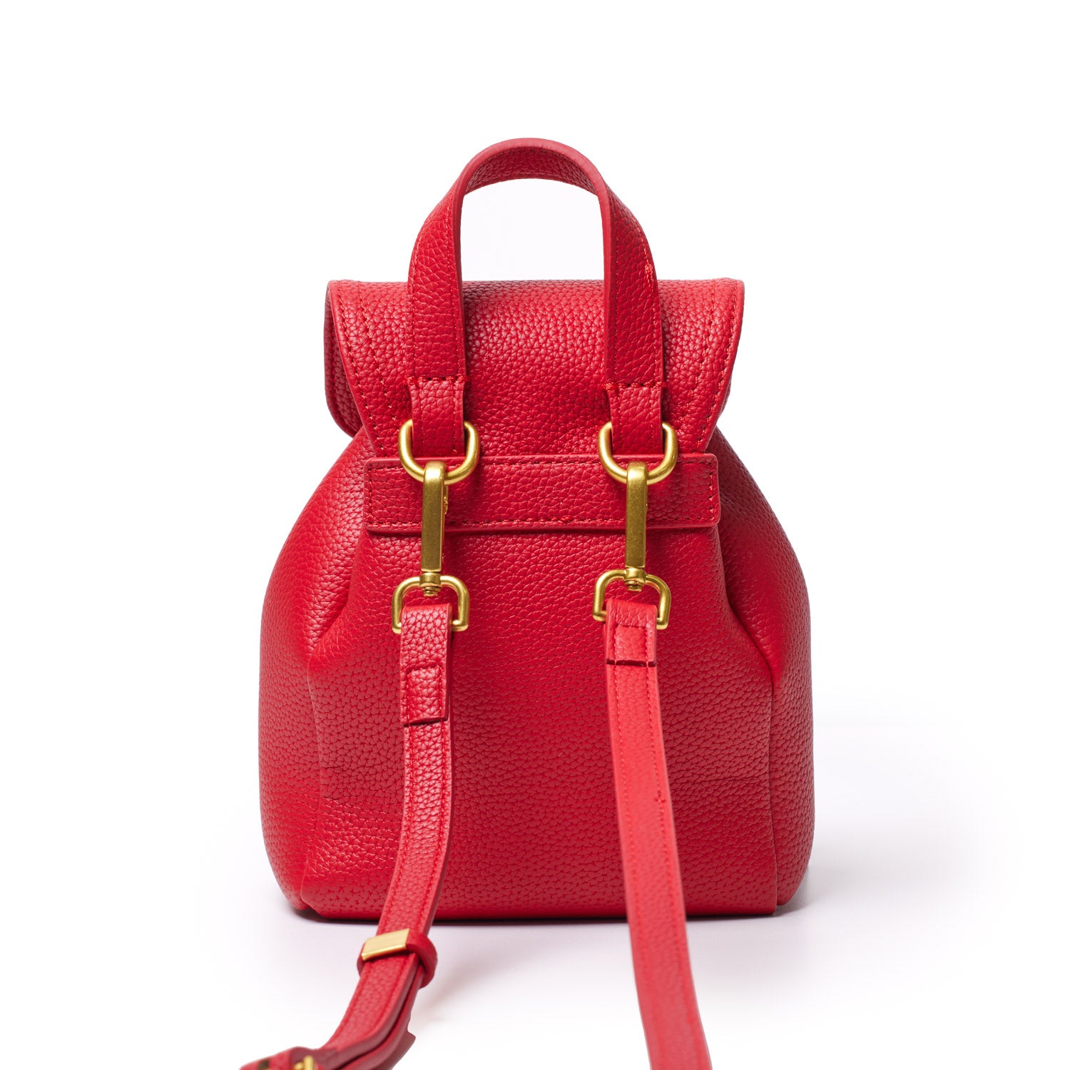 Red mini pebble crossbody backpack with gold hardware, top handle, adjustable strap, and textured leather finish.