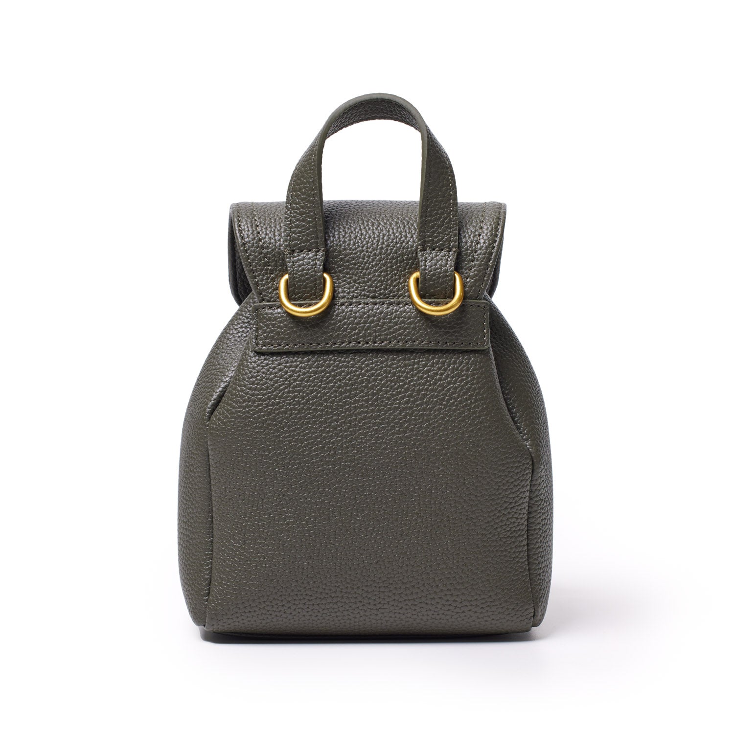 Mini pebble crossbody backpack in olive green with textured leather, gold hardware, and a top handle.