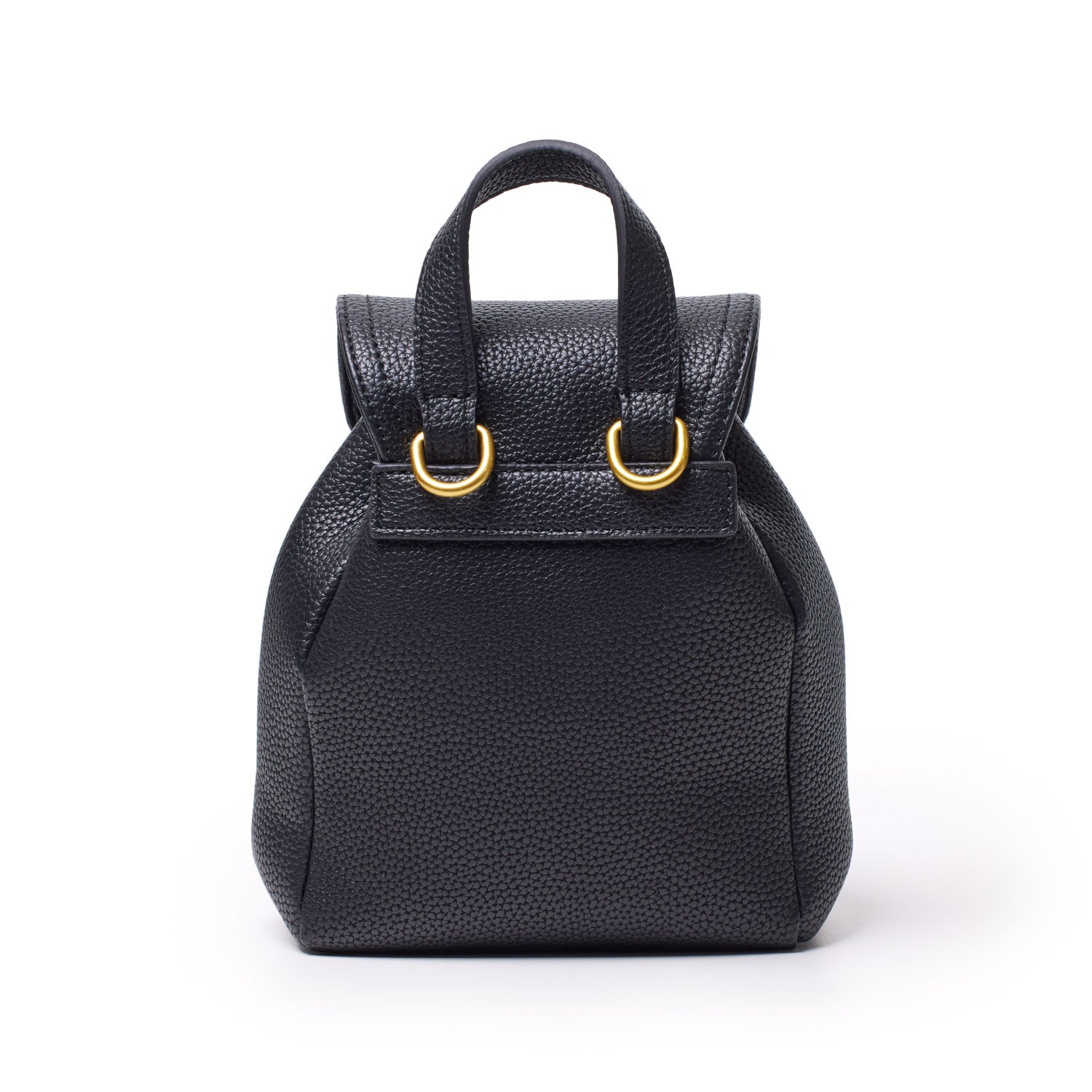 Black mini pebble crossbody backpack with textured leather, gold hardware, and top handle, designed for stylish everyday use.
