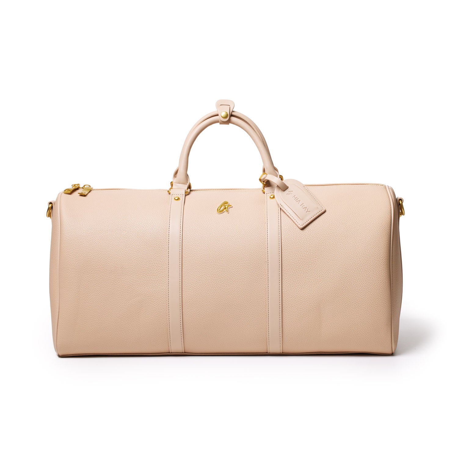 Beige Pebble Duffle Bag with gold hardware, top handles, and a luggage tag, perfect for travel and stylish storage.
