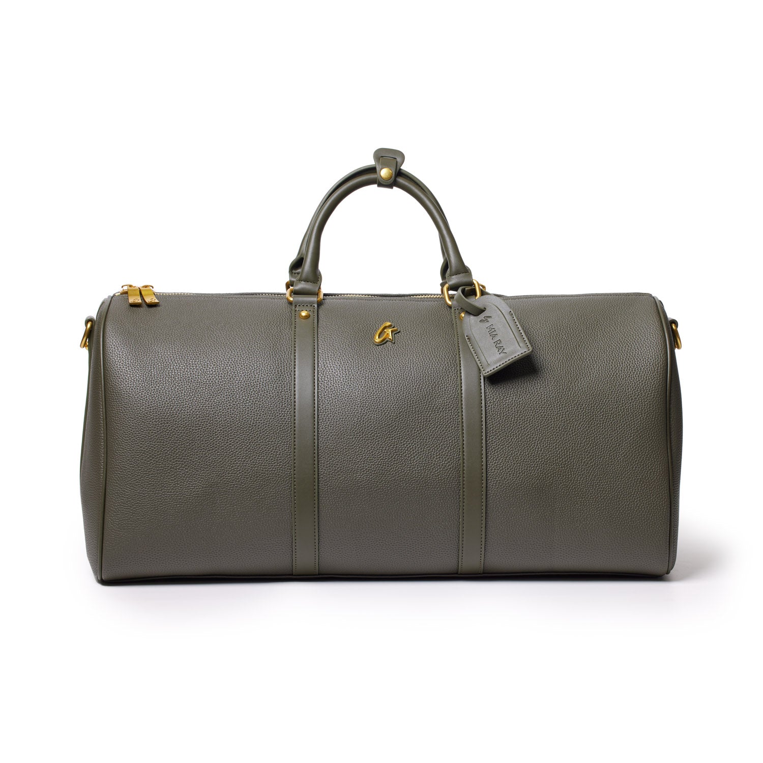 Olive green Pebble duffle bag with leather handles, gold hardware, and a tag, designed for travel and gym use.