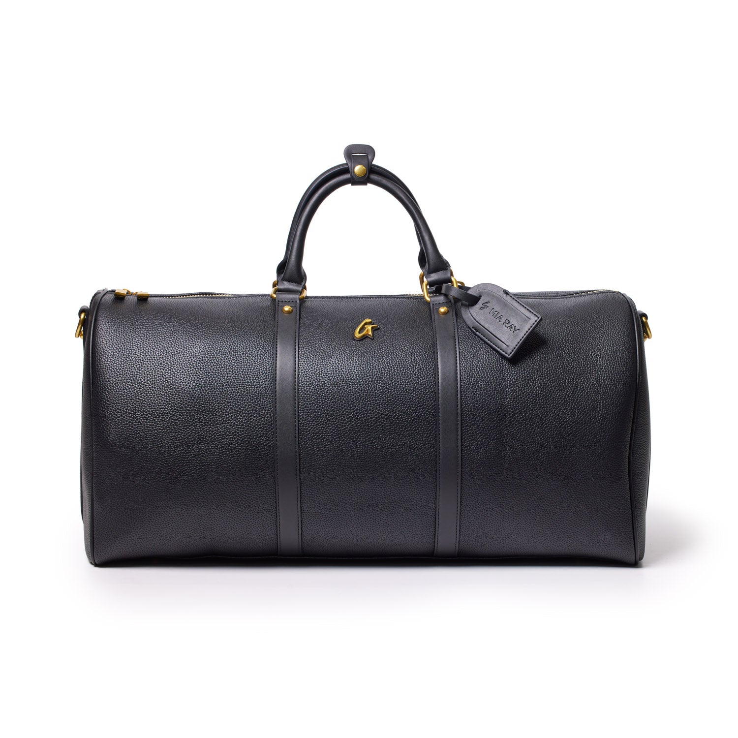 Black Pebble Duffle Bag with leather handles, gold accents, and a luggage tag, designed for travel and storage.