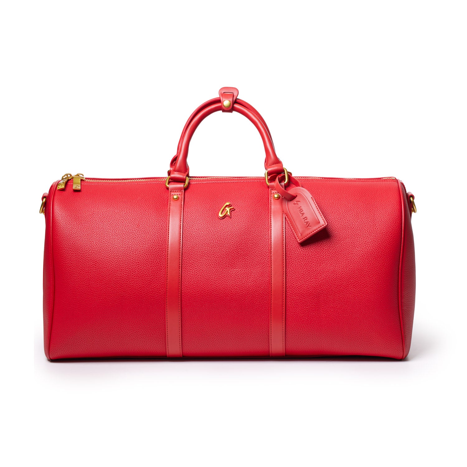 Red Pebble Duffle Bag with gold hardware, dual handles, and a luggage tag, designed for travel and spacious storage.