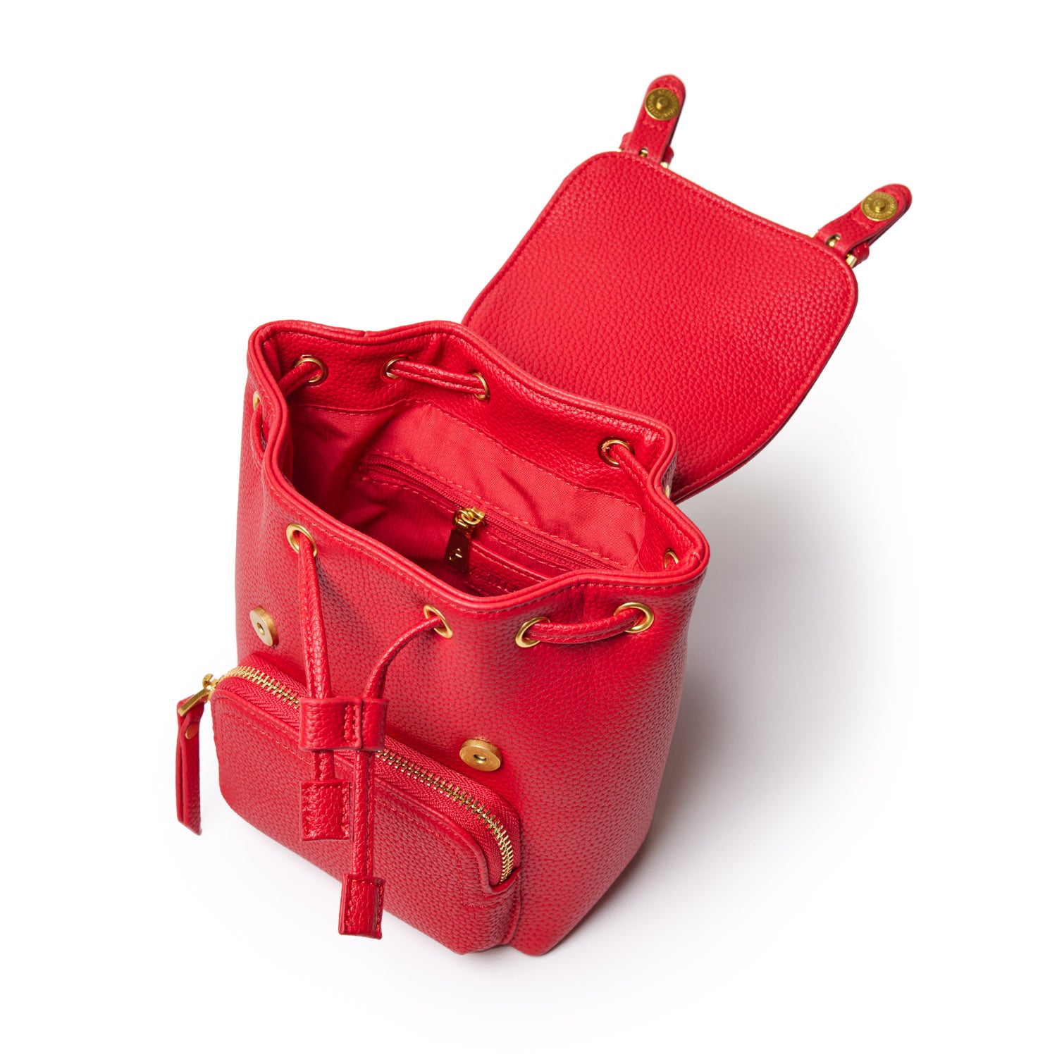 Red mini pebble crossbody backpack with gold accents, interior zip pocket, and adjustable strap.