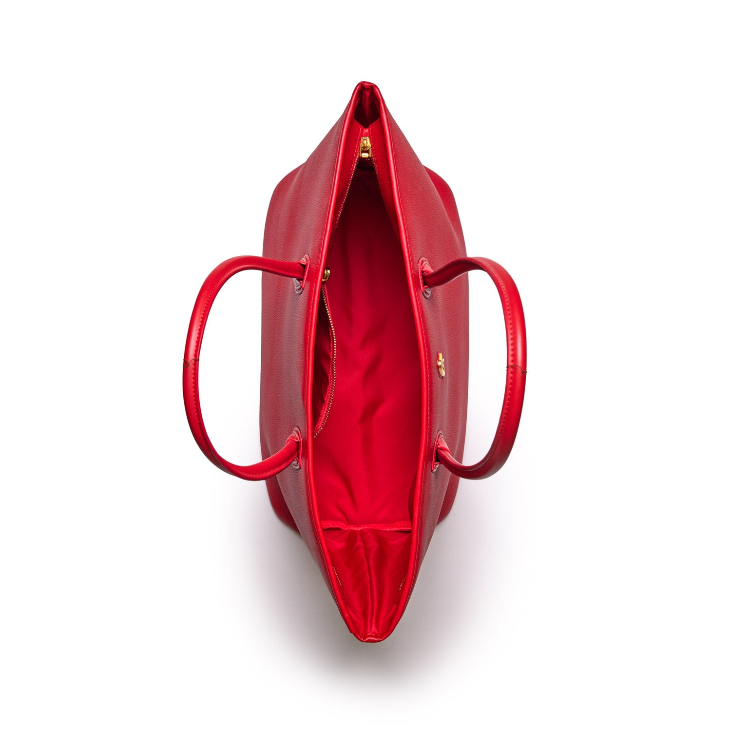 Red pebble tote bag with dual handles, zip closure, and spacious interior lined in matching red fabric.