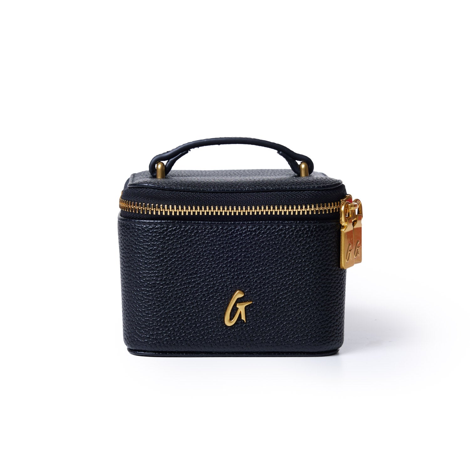 Black pebble jewelry case with gold zipper and handle, featuring a gold "G" logo on the front.