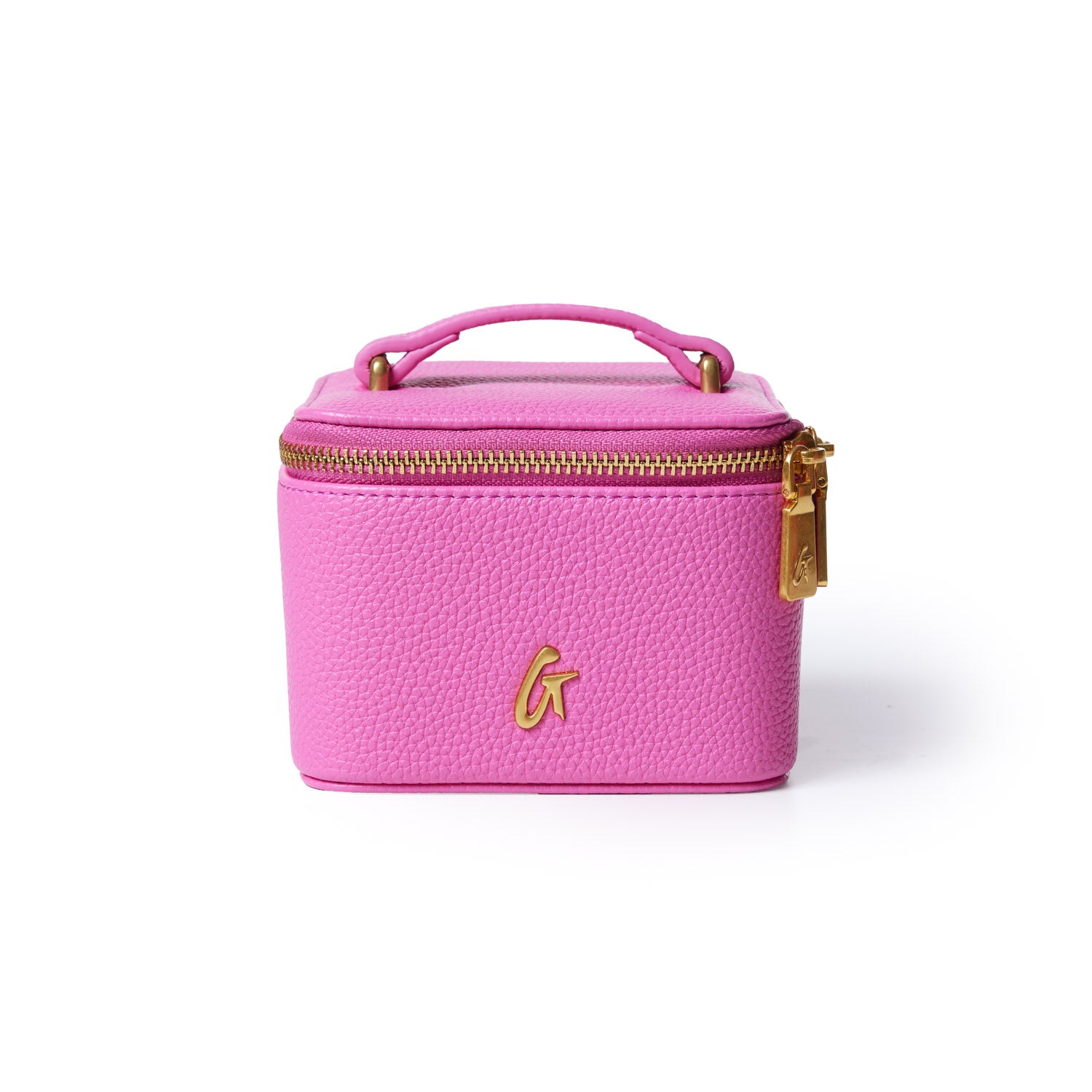 Pink pebble-textured jewelry case with gold zipper and handle, featuring a gold "G" logo on the front.