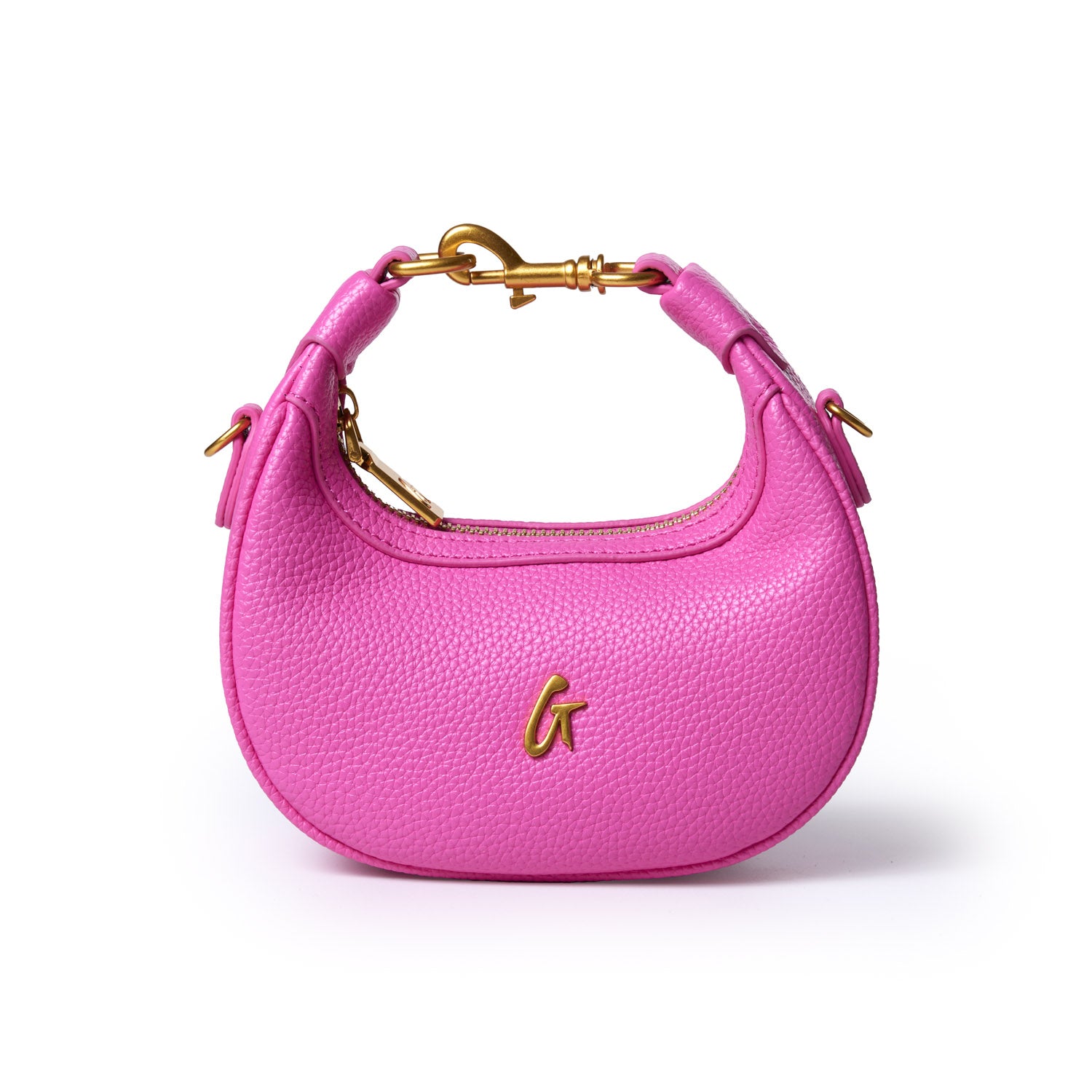 Bright pink Nano Pebble Hobo Bag with gold hardware, a curved shape, textured leather, and a gold "G" logo.