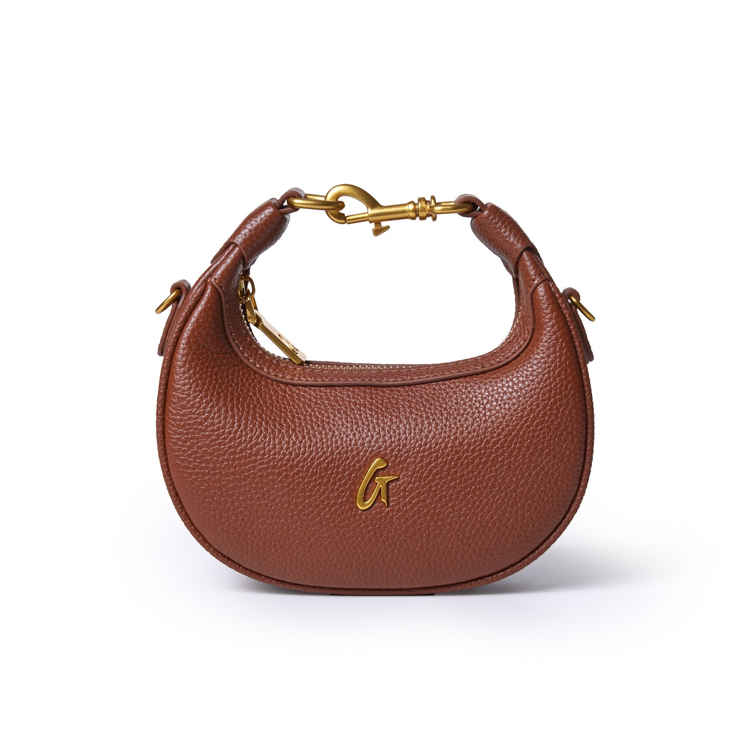 Brown Nano Pebble Hobo Bag with gold-tone hardware, curved shape, textured leather, and a small gold logo on front.
