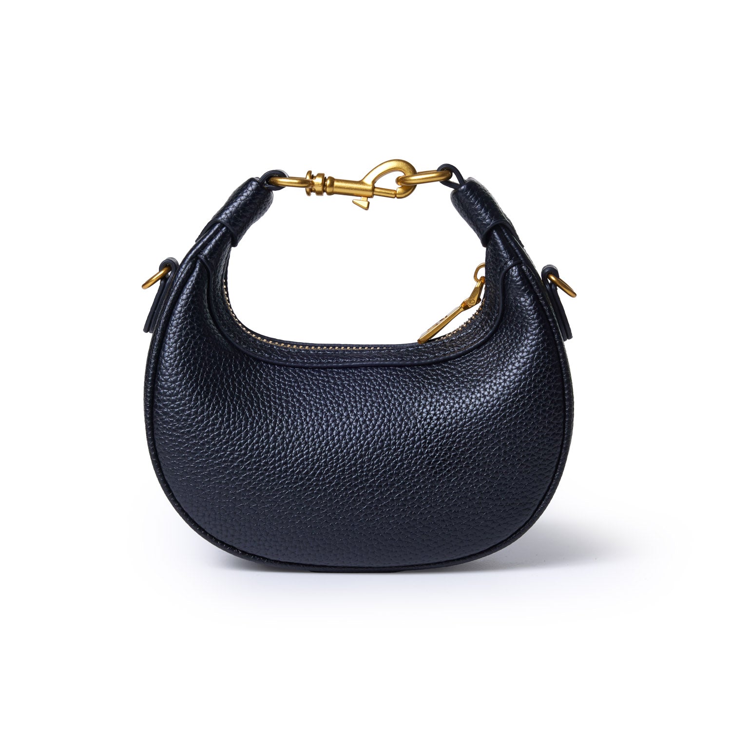 Black Nano Pebble Hobo Bag with gold-tone hardware, textured leather, and a curved, compact design.