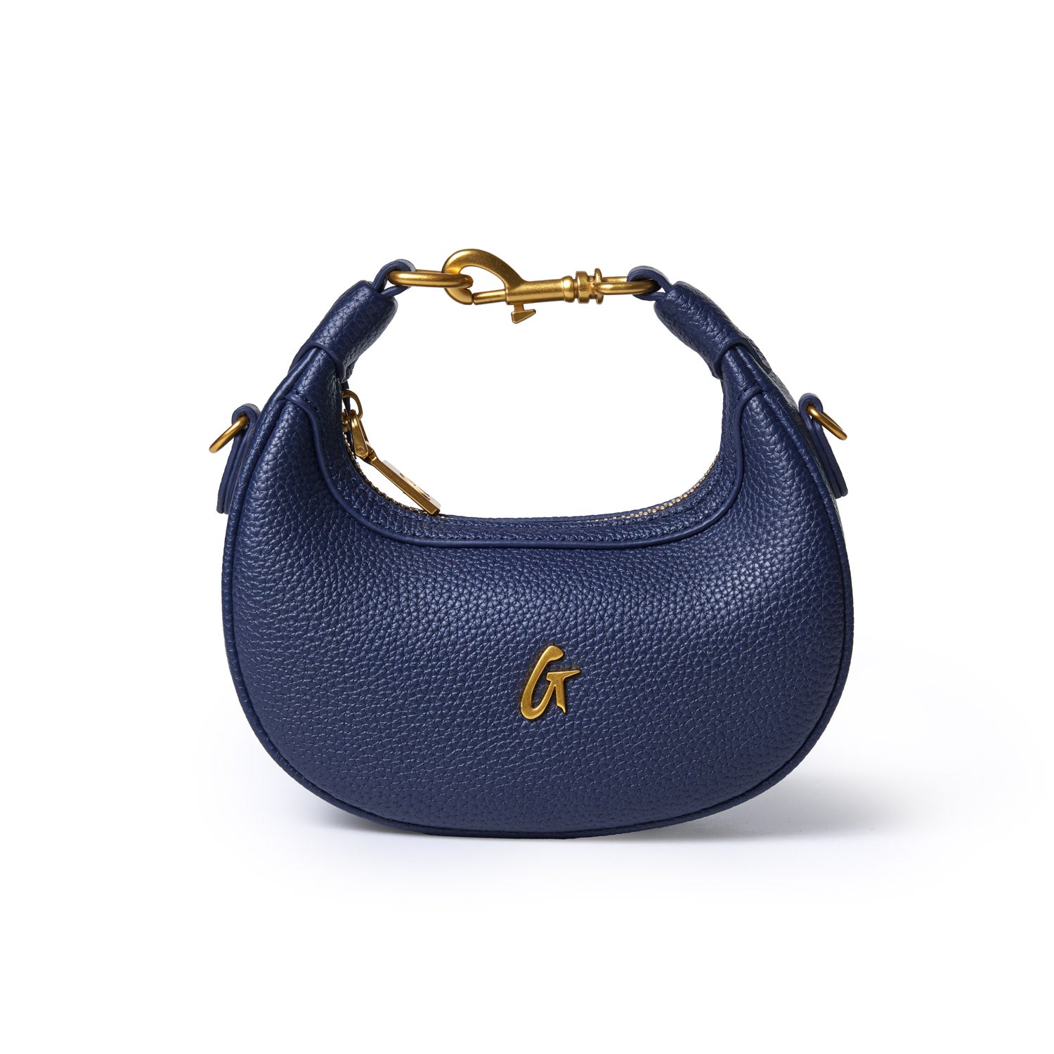 Navy Nano Pebble Hobo Bag with gold hardware, curved shape, textured leather, and a small gold logo on the front.