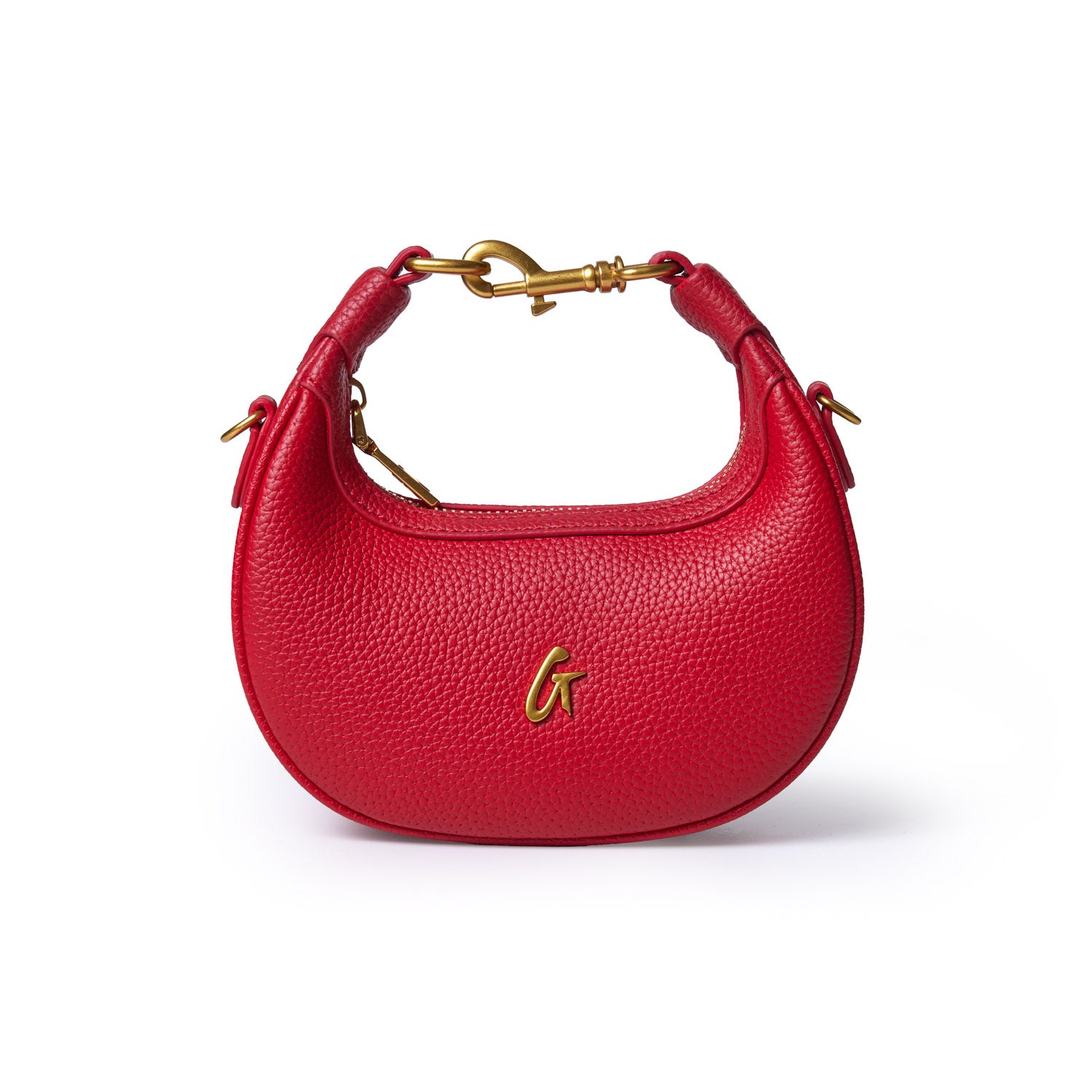 Red Nano Pebble Hobo Bag with gold hardware, curved shape, textured leather, and a gold "G" logo on the front.