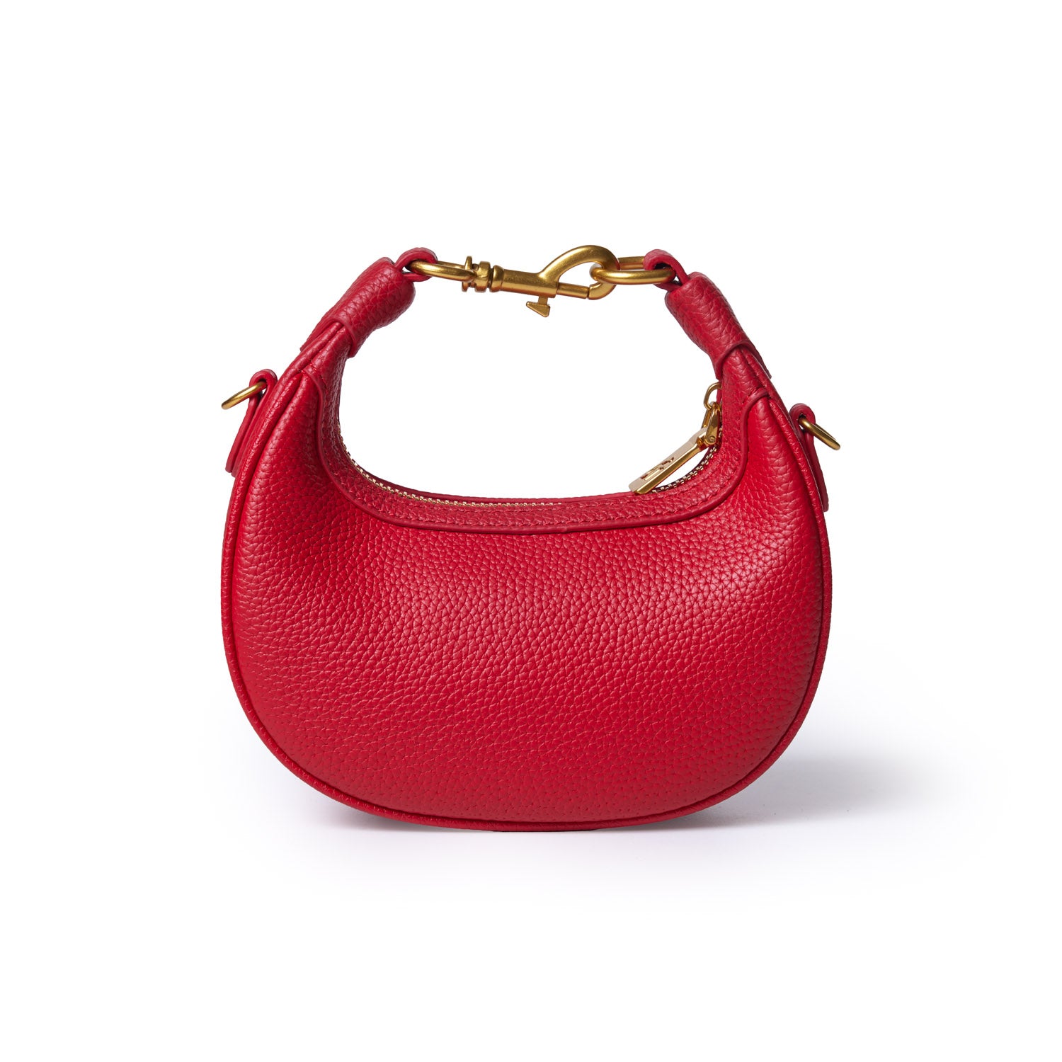 Red Nano Pebble Hobo Bag with gold hardware, textured leather, and a curved, compact design.