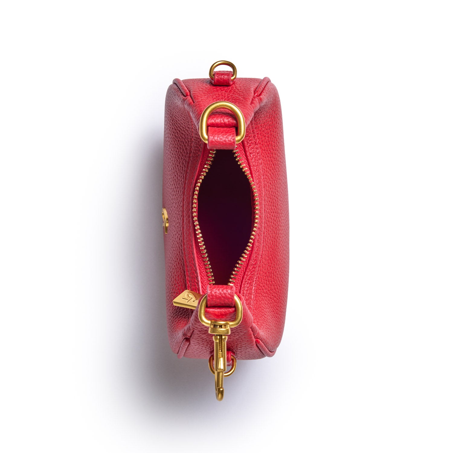 Red Nano Pebble Hobo Bag with gold hardware, zipper closure, and a textured pebble leather finish.