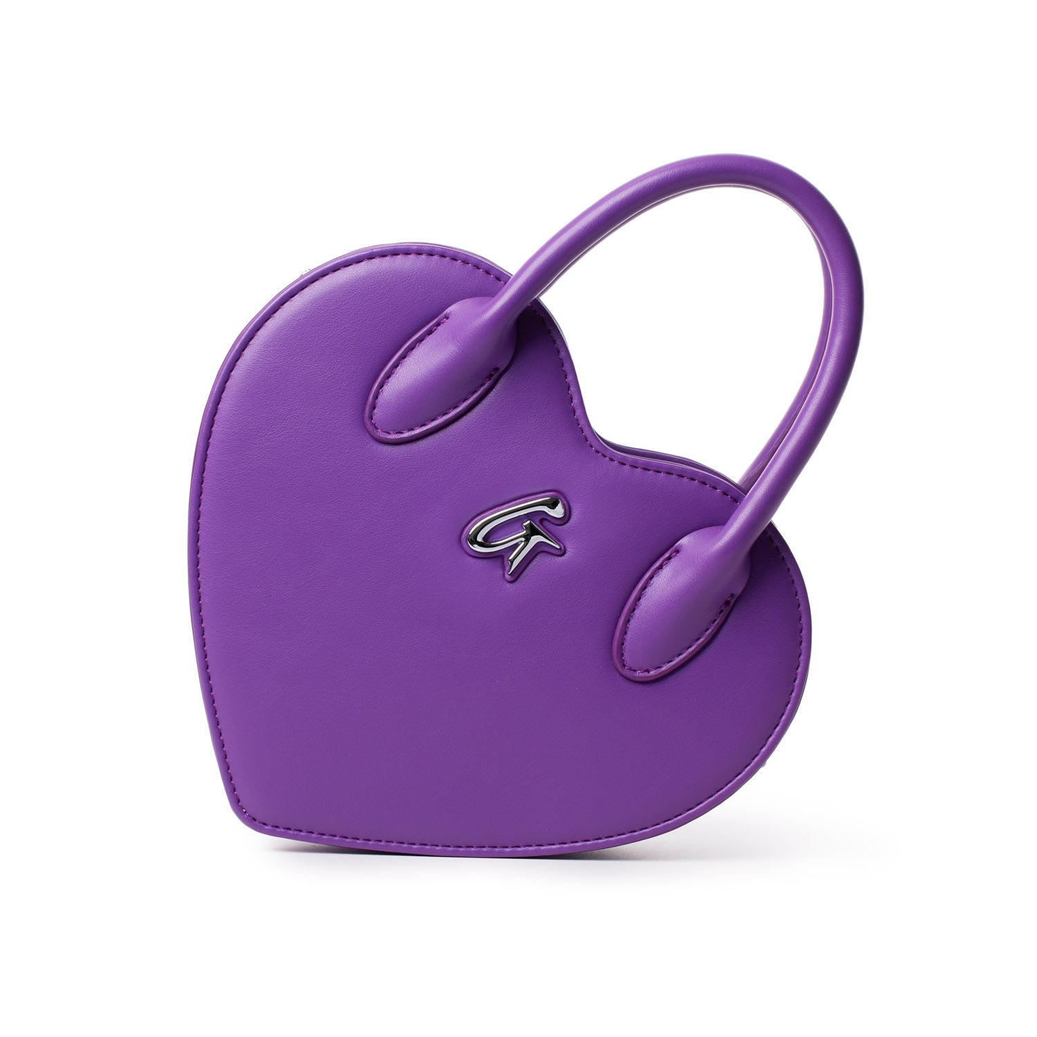 Purple heart-shaped bag with a silver logo, featuring a curved handle and smooth leather texture.