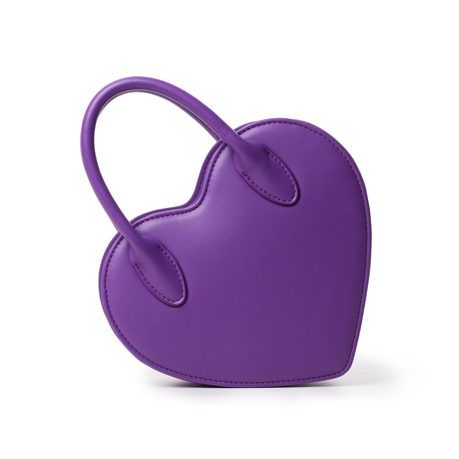 Purple heart-shaped bag with a curved handle, made of smooth material, designed for stylish everyday use.