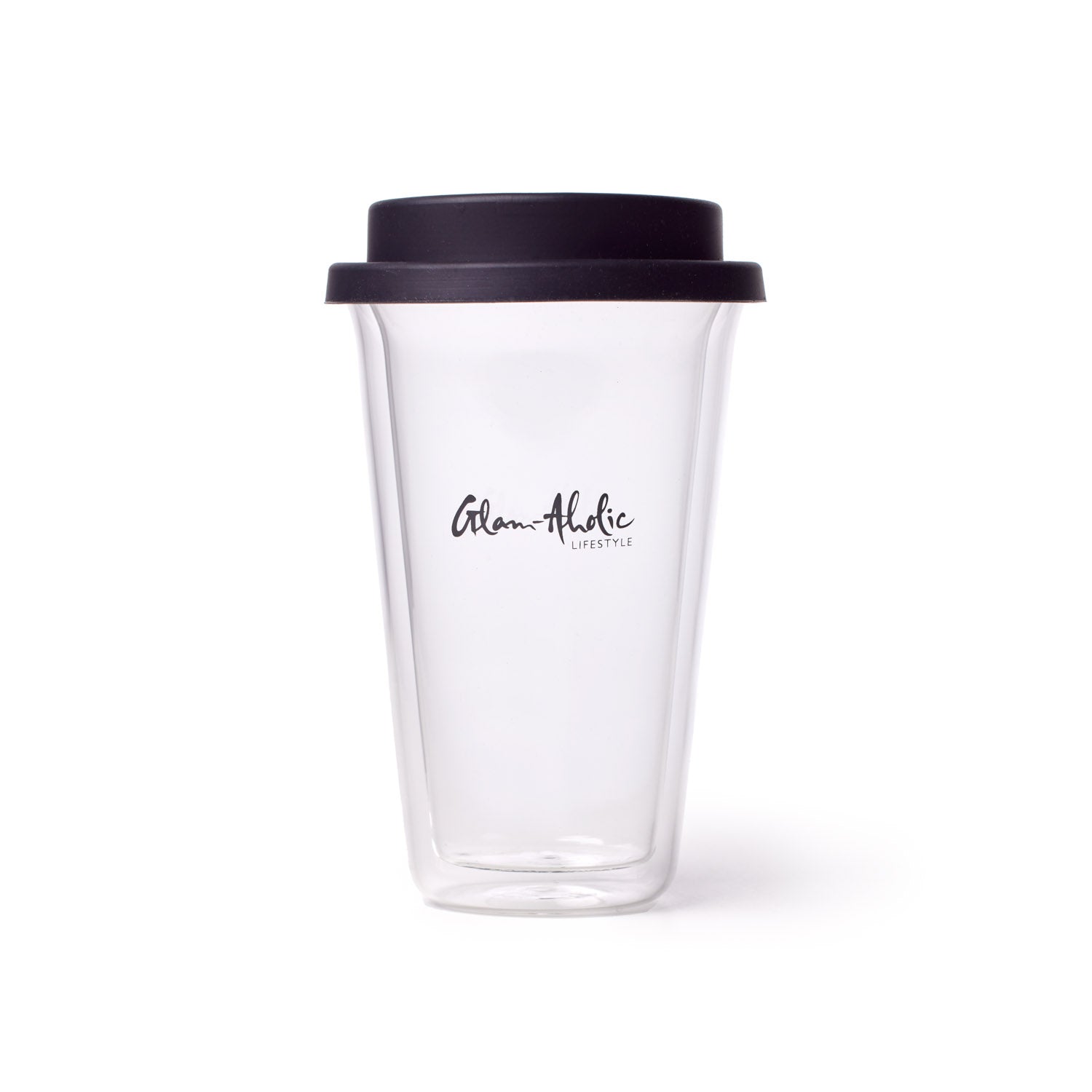 Clear glass tumbler with black silicone lid, featuring "Glam-Aholic Lifestyle" logo in black text.