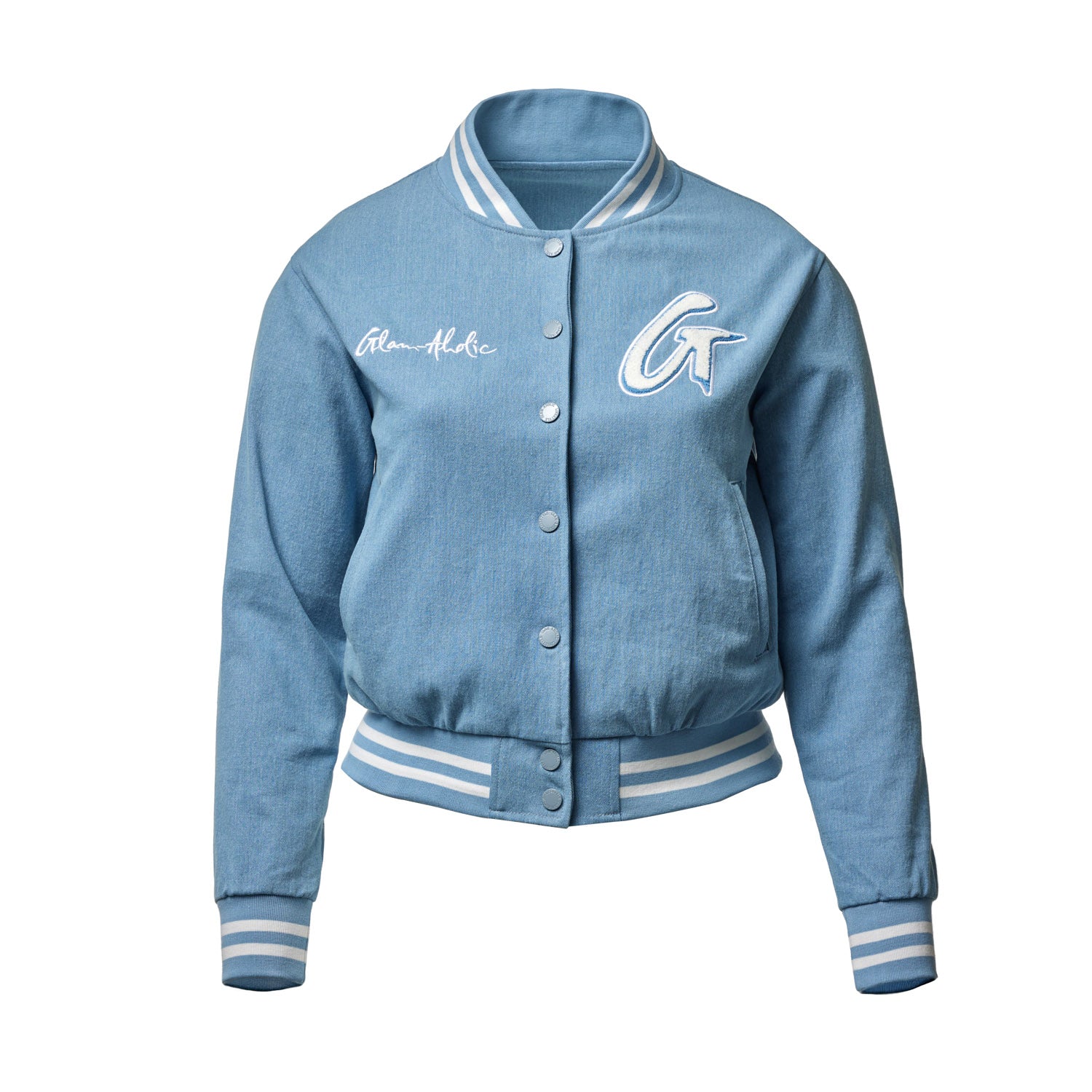 Light blue denim varsity jacket with striped cuffs, collar, and waistband, featuring embroidered patches and lettering.
